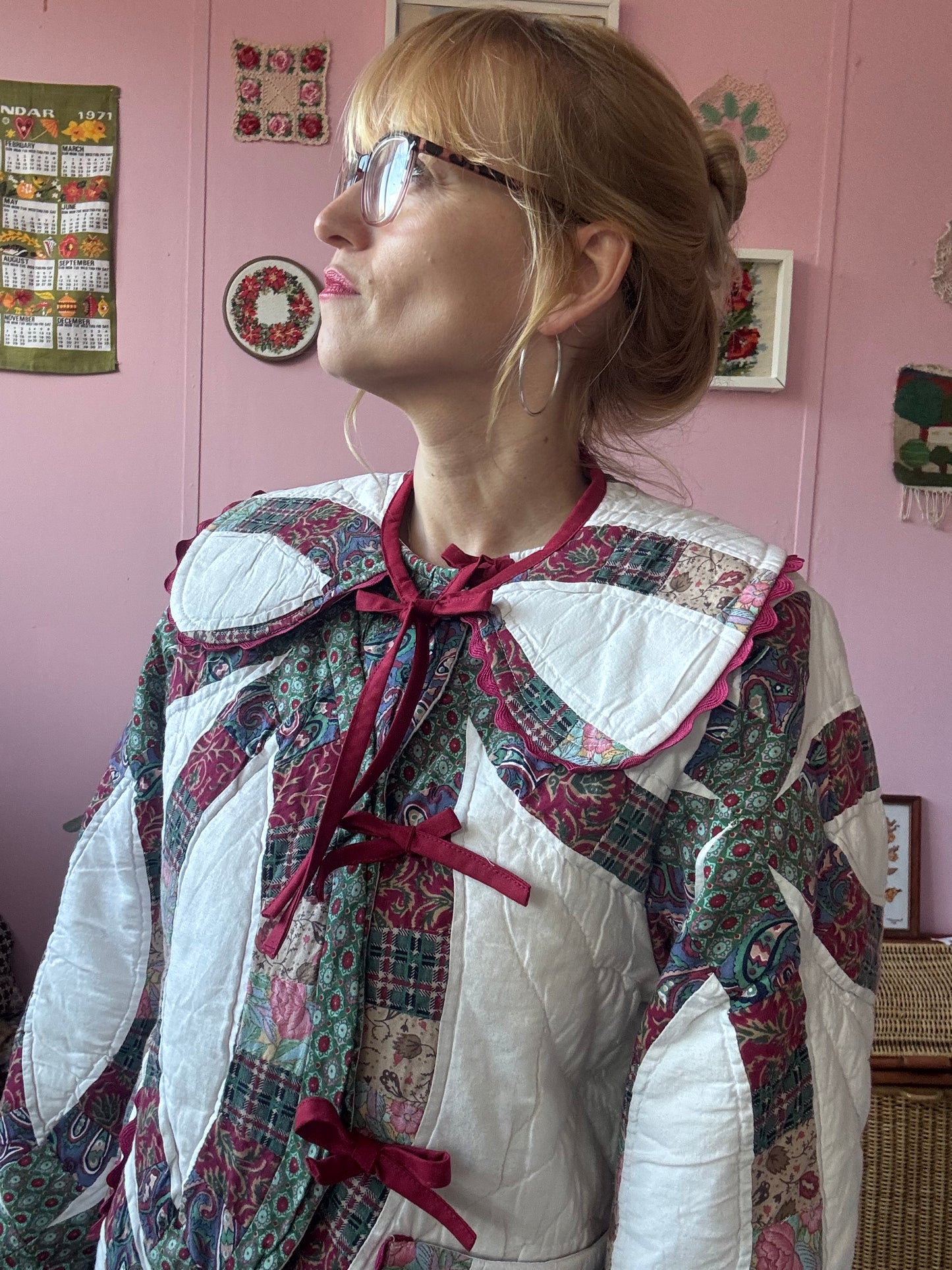Patchwork jacket with burgundy ric rac and bows
