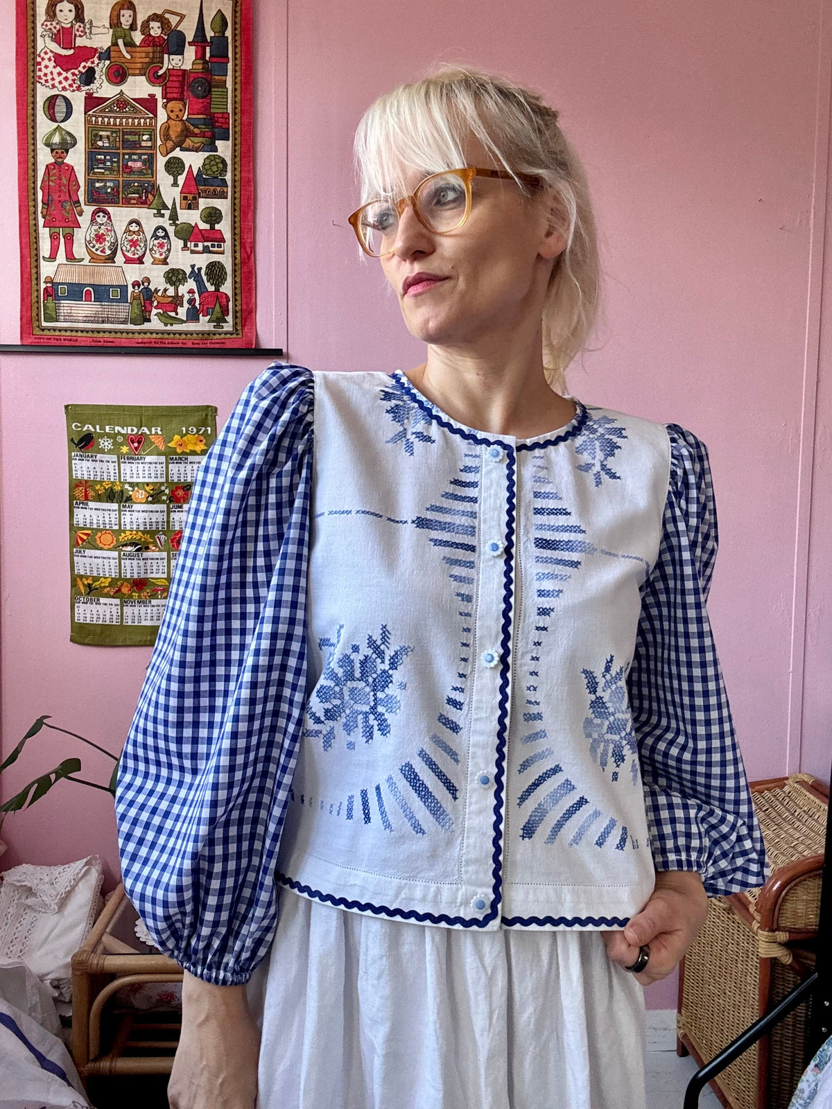 Blue embroidery and gingham blouse