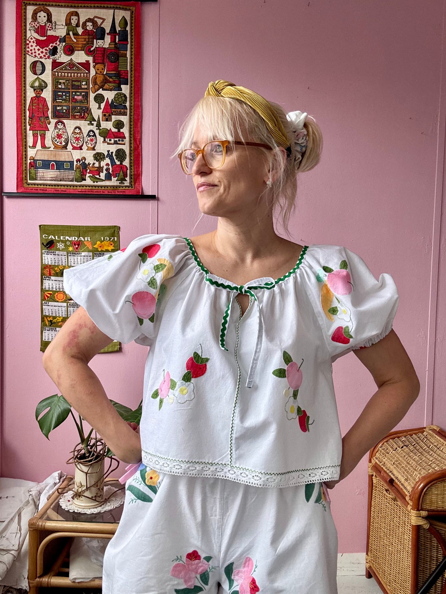 Fruity blouse with green ric rac