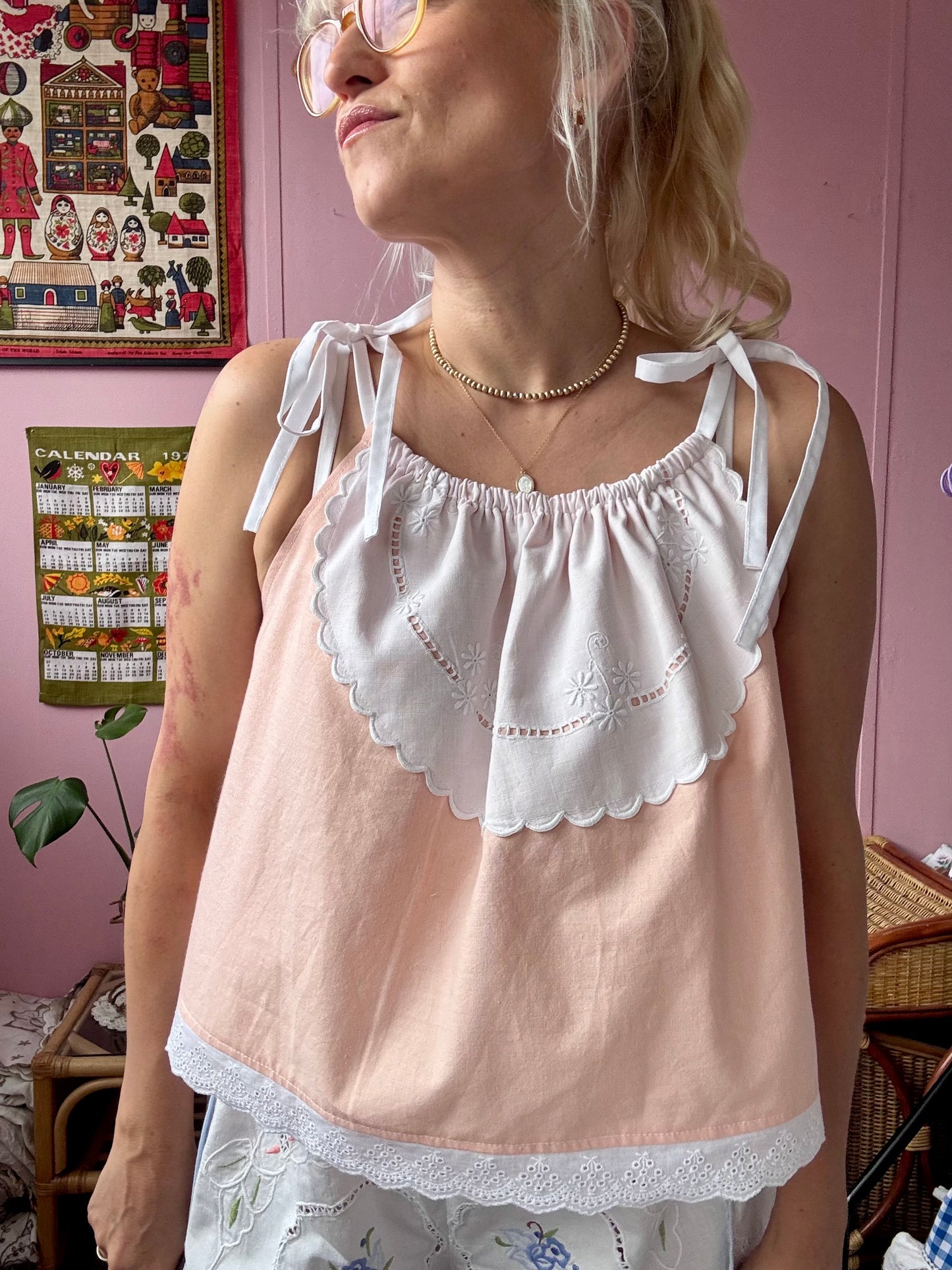 Peach coloured summer top with lace