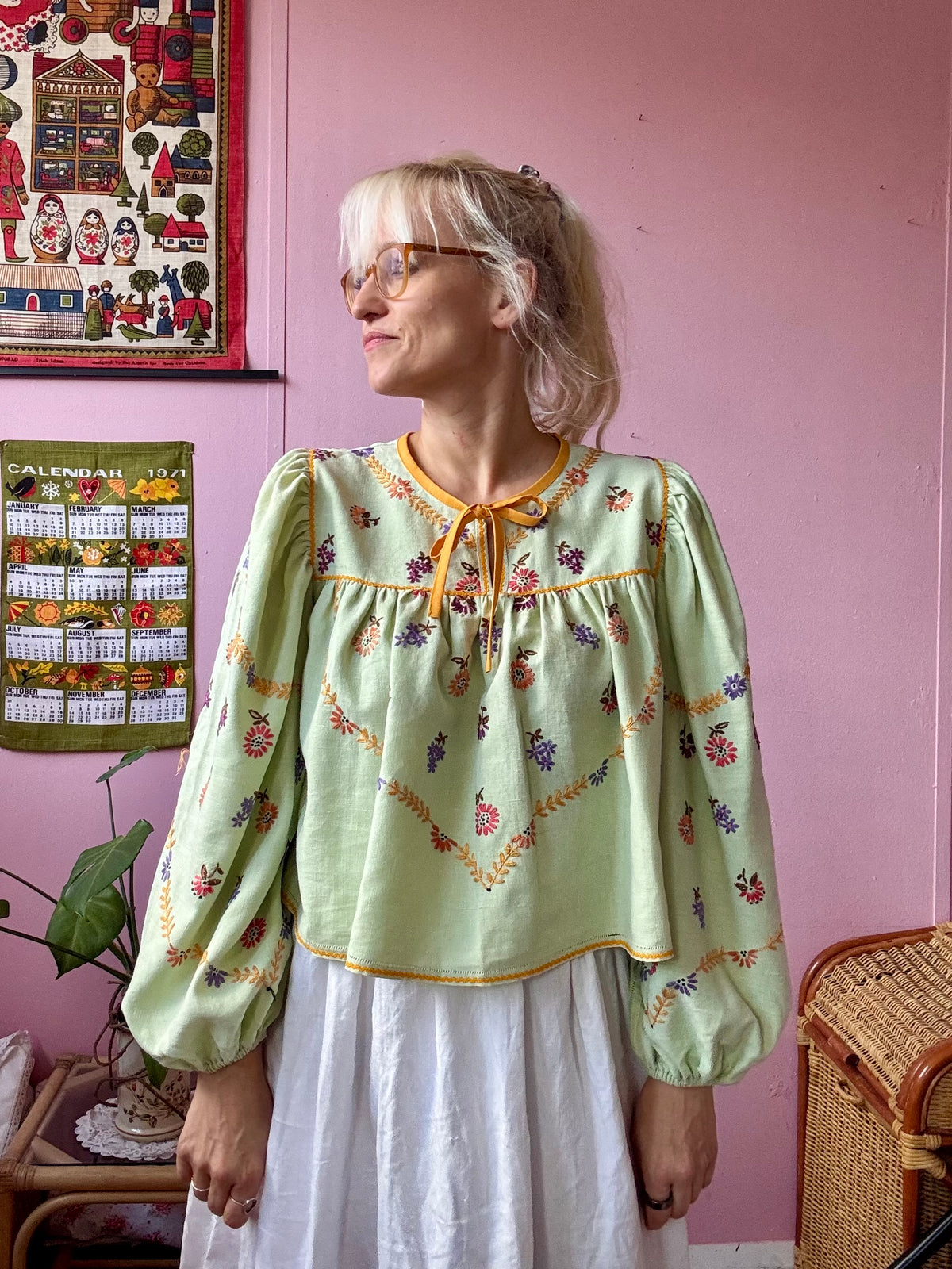Green blouse with mustard yellow details