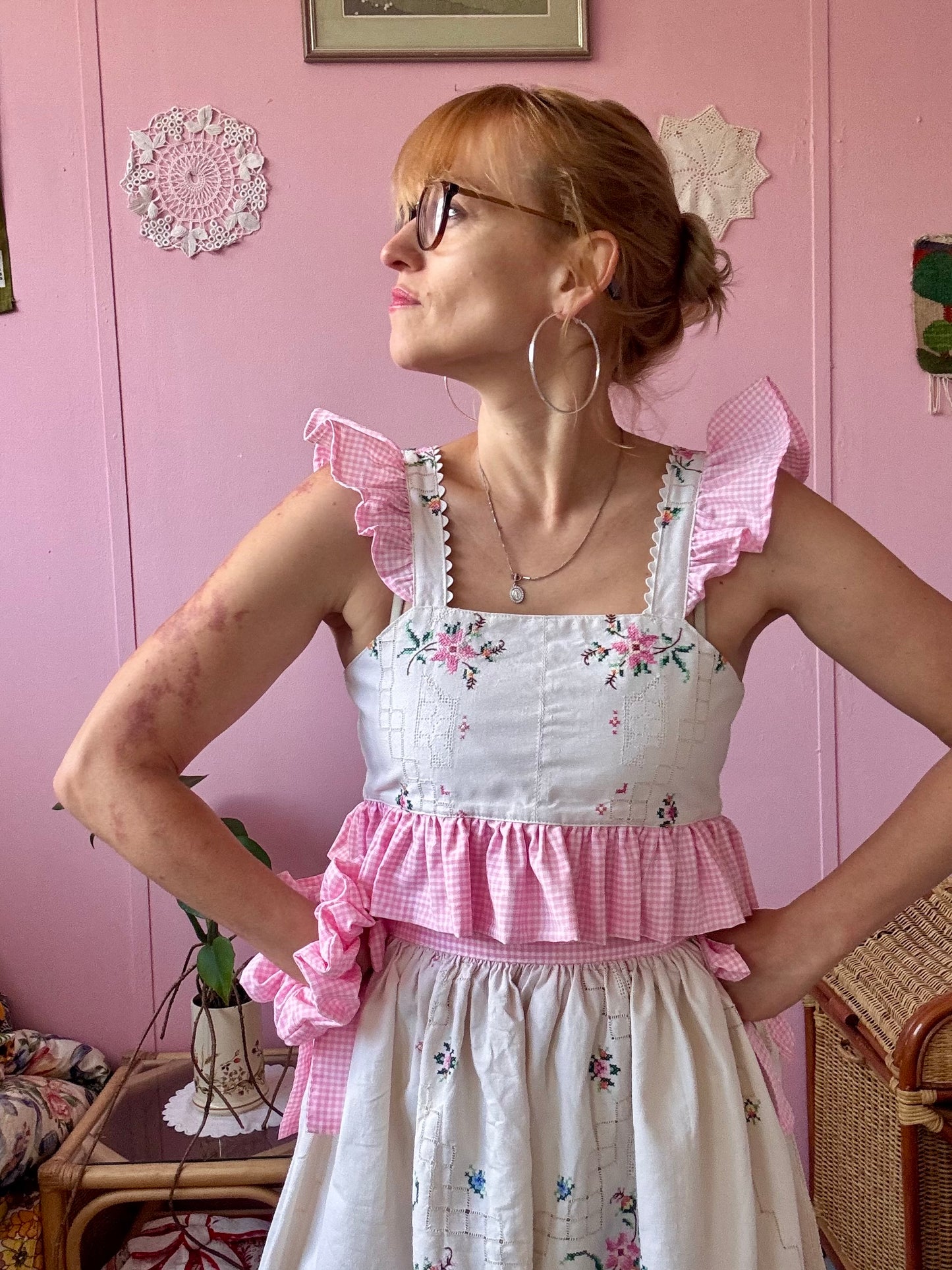 Embroidery and pink gingham set