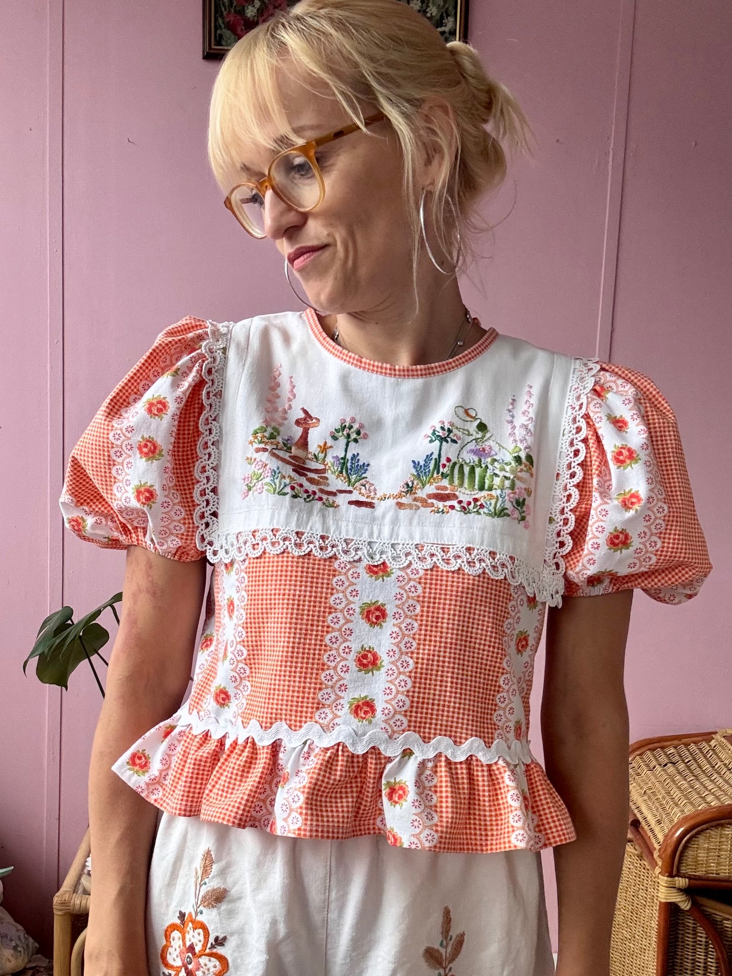 Orange gingham/floral blouse