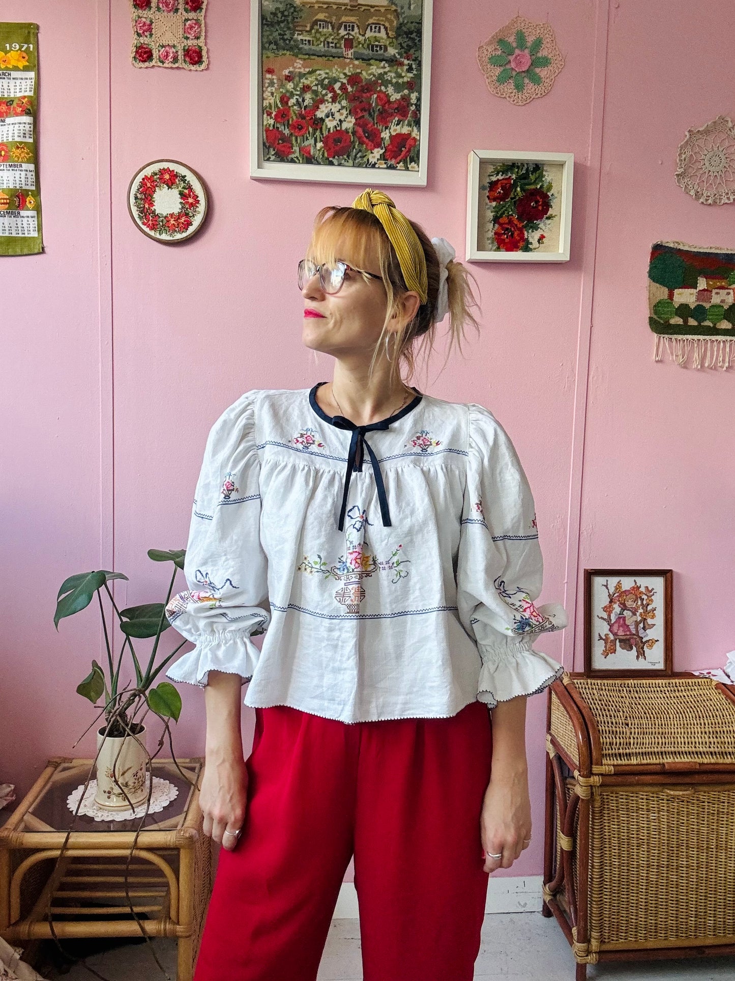 Linen blouse with cross stitching embroidery