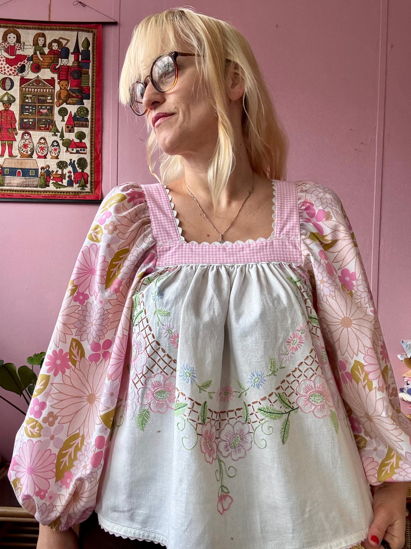 Pink floral and gingham blouse