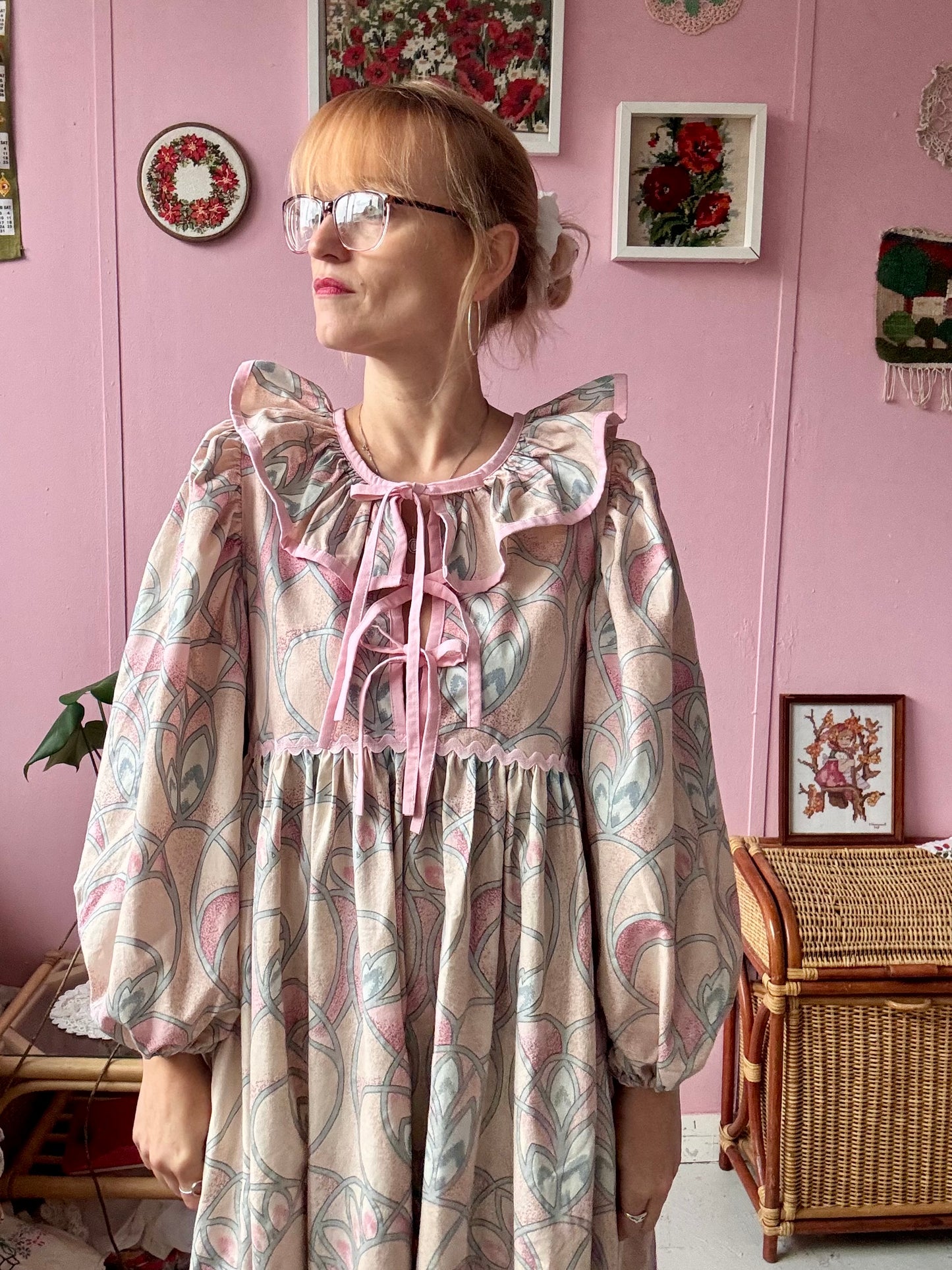 Peach/pink and silver maxi dress with long sleeves