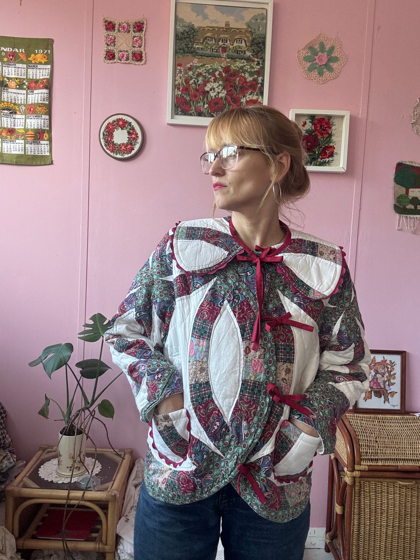 Patchwork jacket with burgundy ric rac and bows