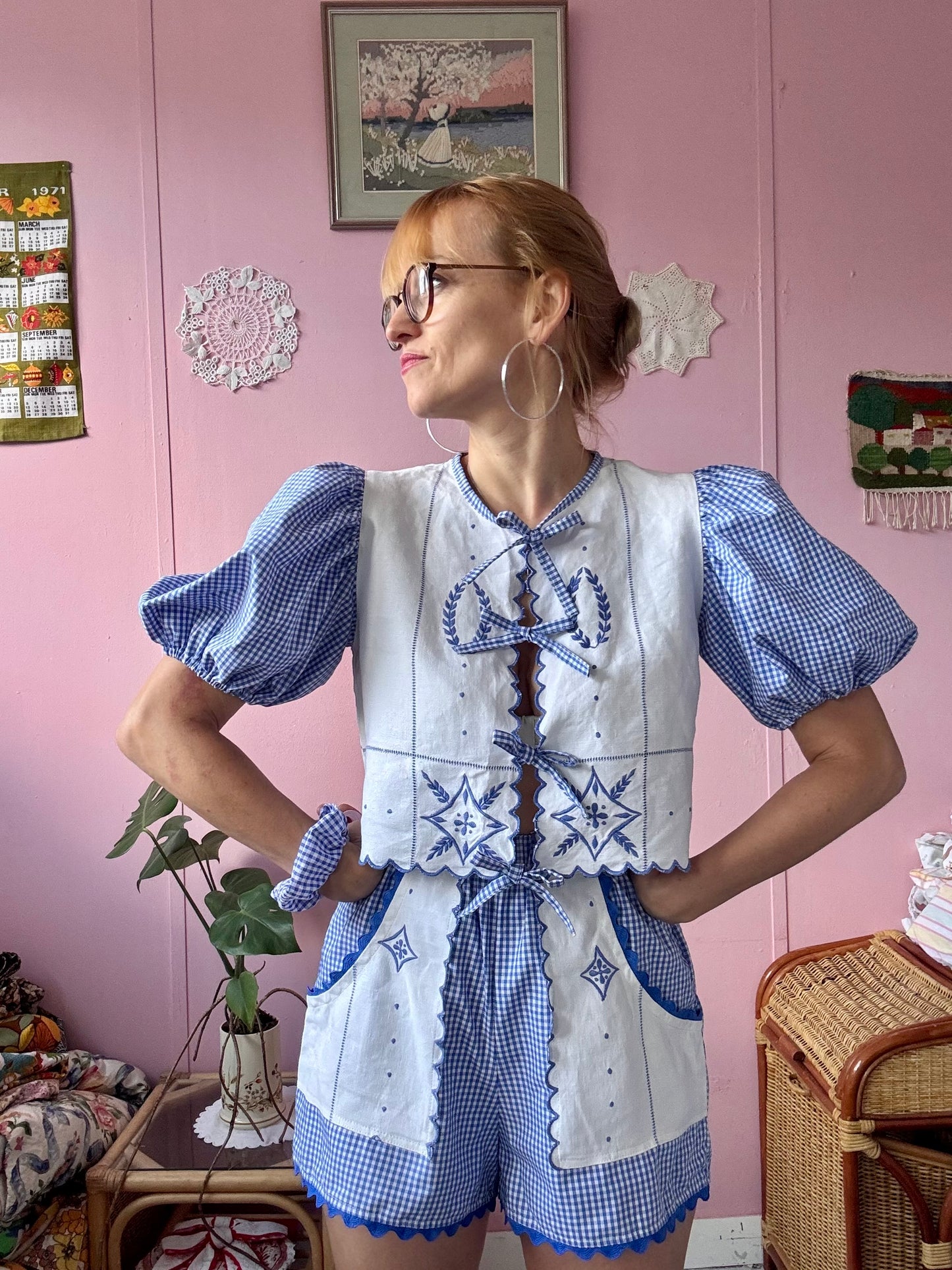 Embroidery and blue gingham shorts set