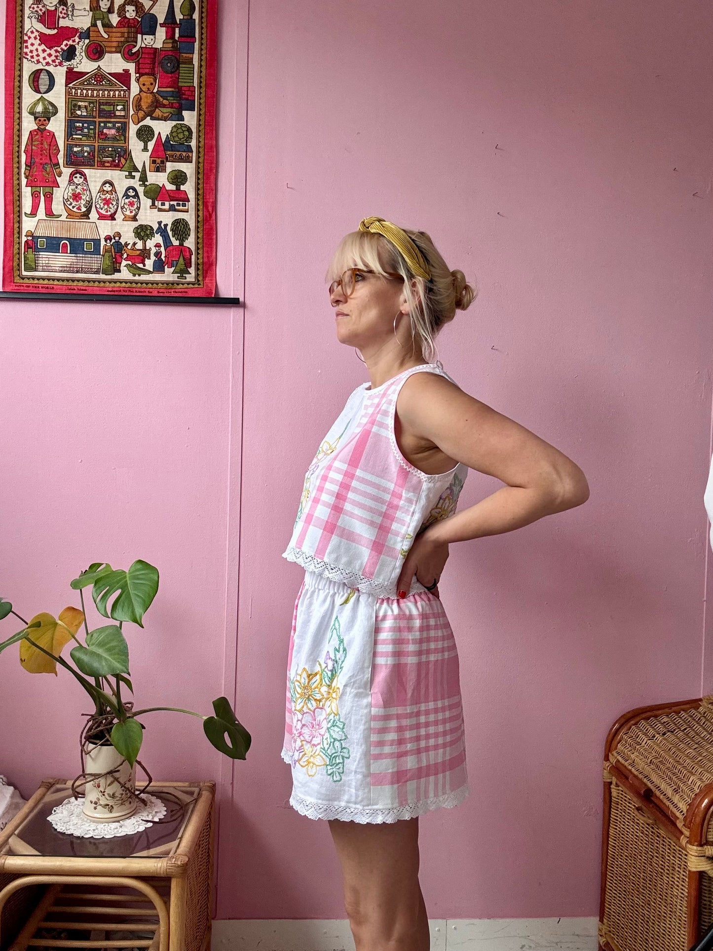 Pink check and floral shorts set