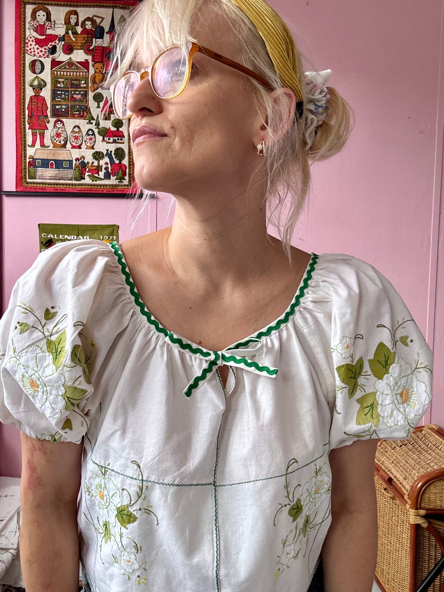 Floral blouse with lace and green ric rac