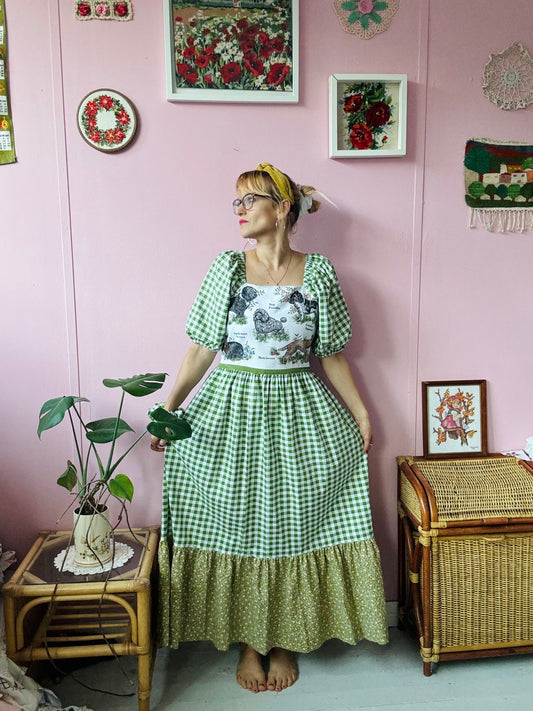 Teatowel with dogs and green gingham maxi dress