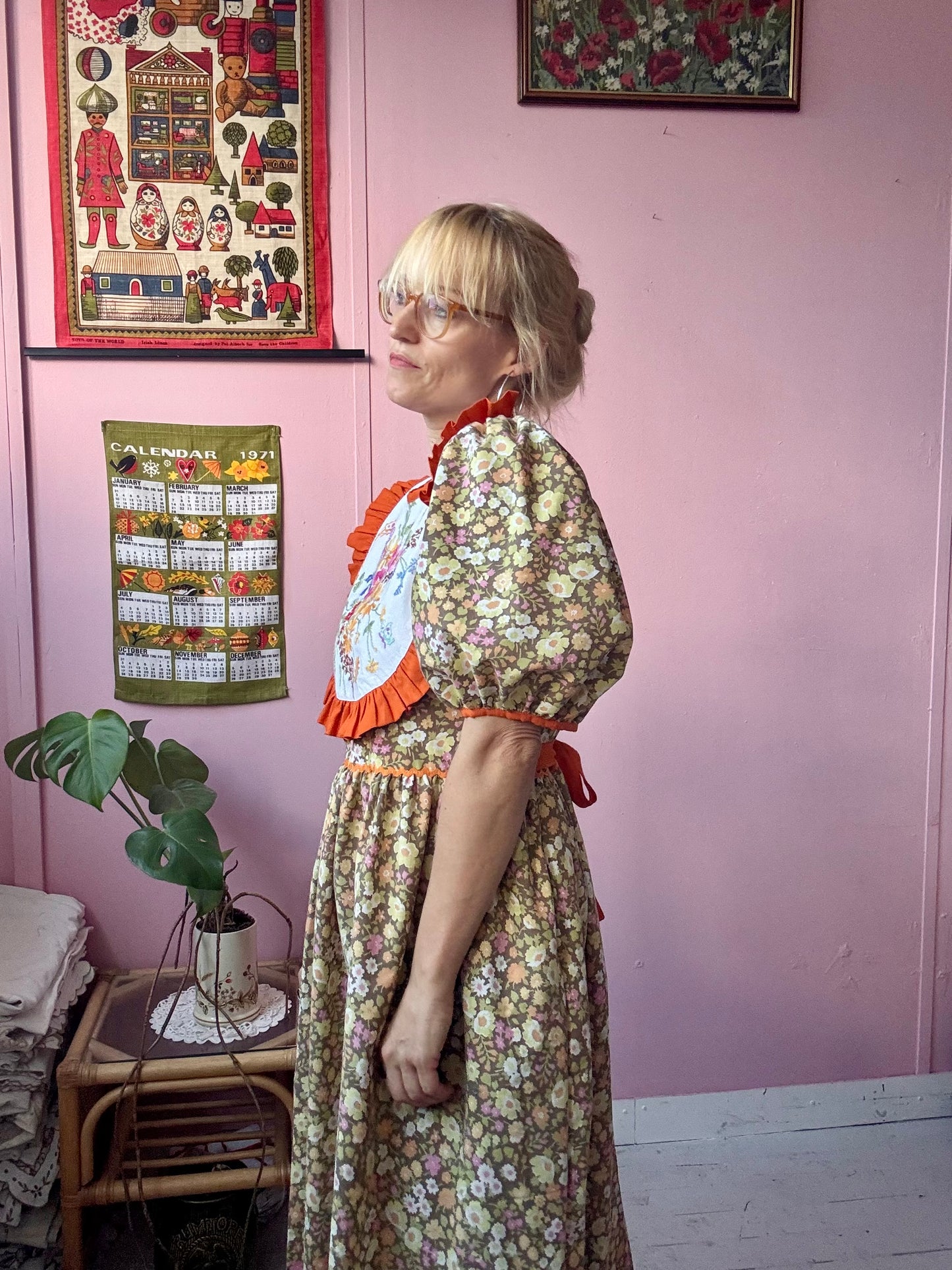 Floral maxi dress with orange frill