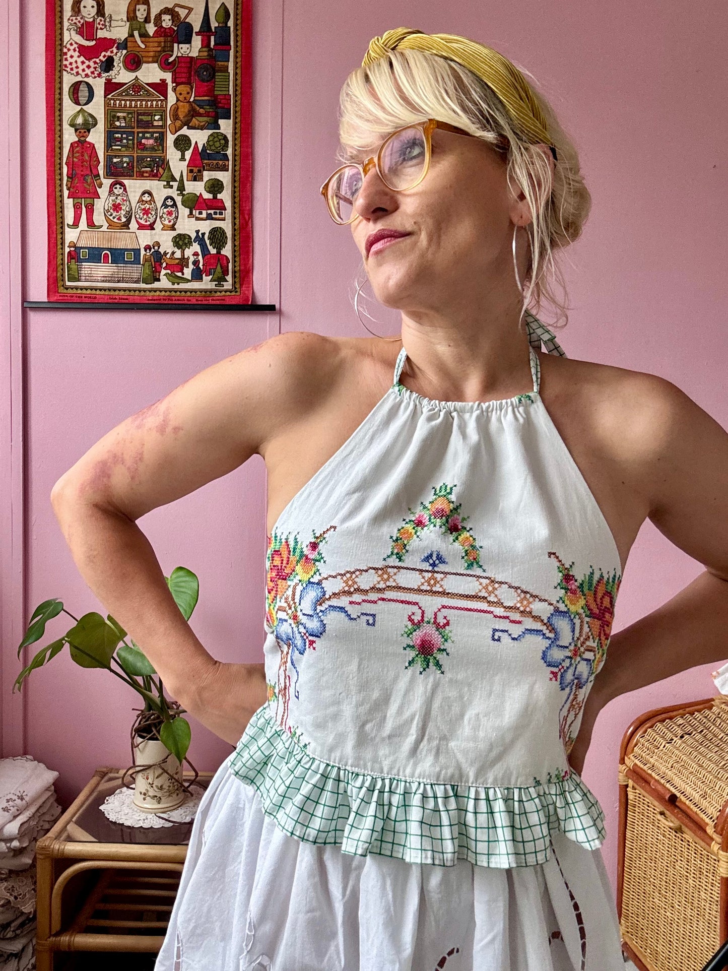 Cross stitch halter neck with green check back ties and frill
