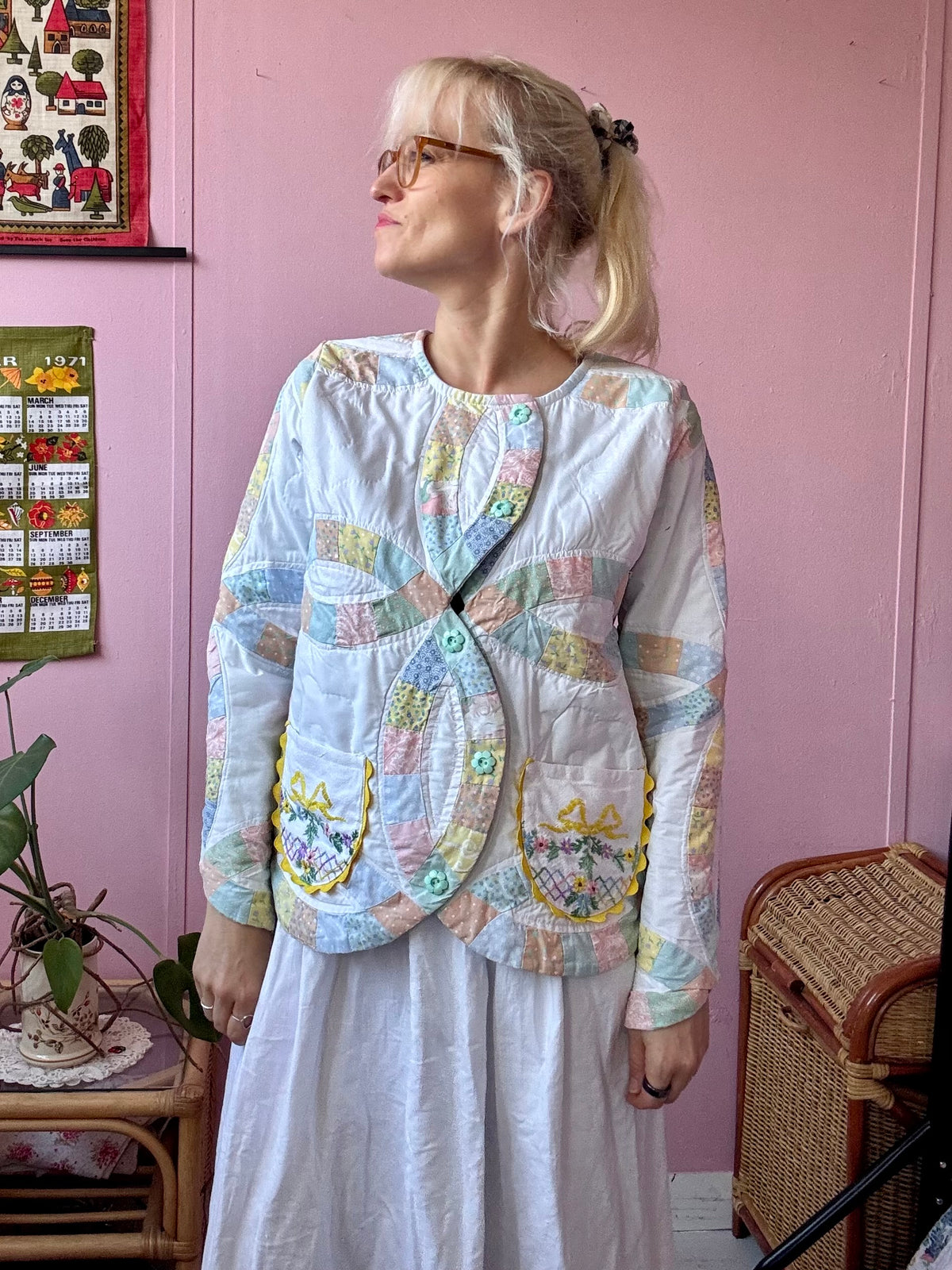 Green patchwork jacket with detachable collar