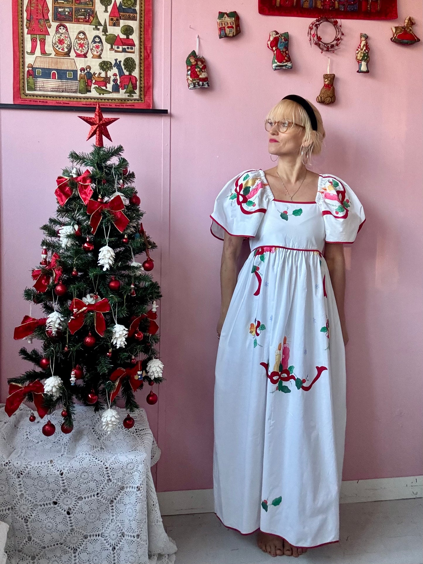 White maxi dress with Christmas applique