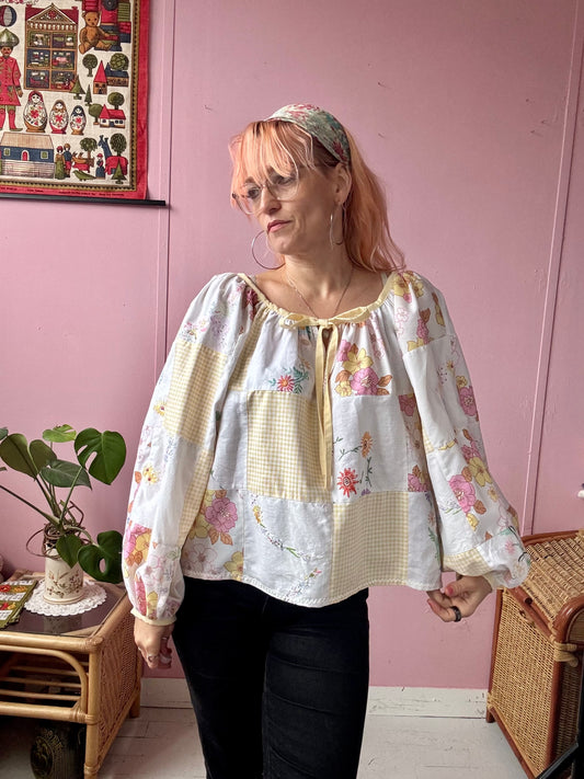 Yellow patchwork blouse with long sleeves