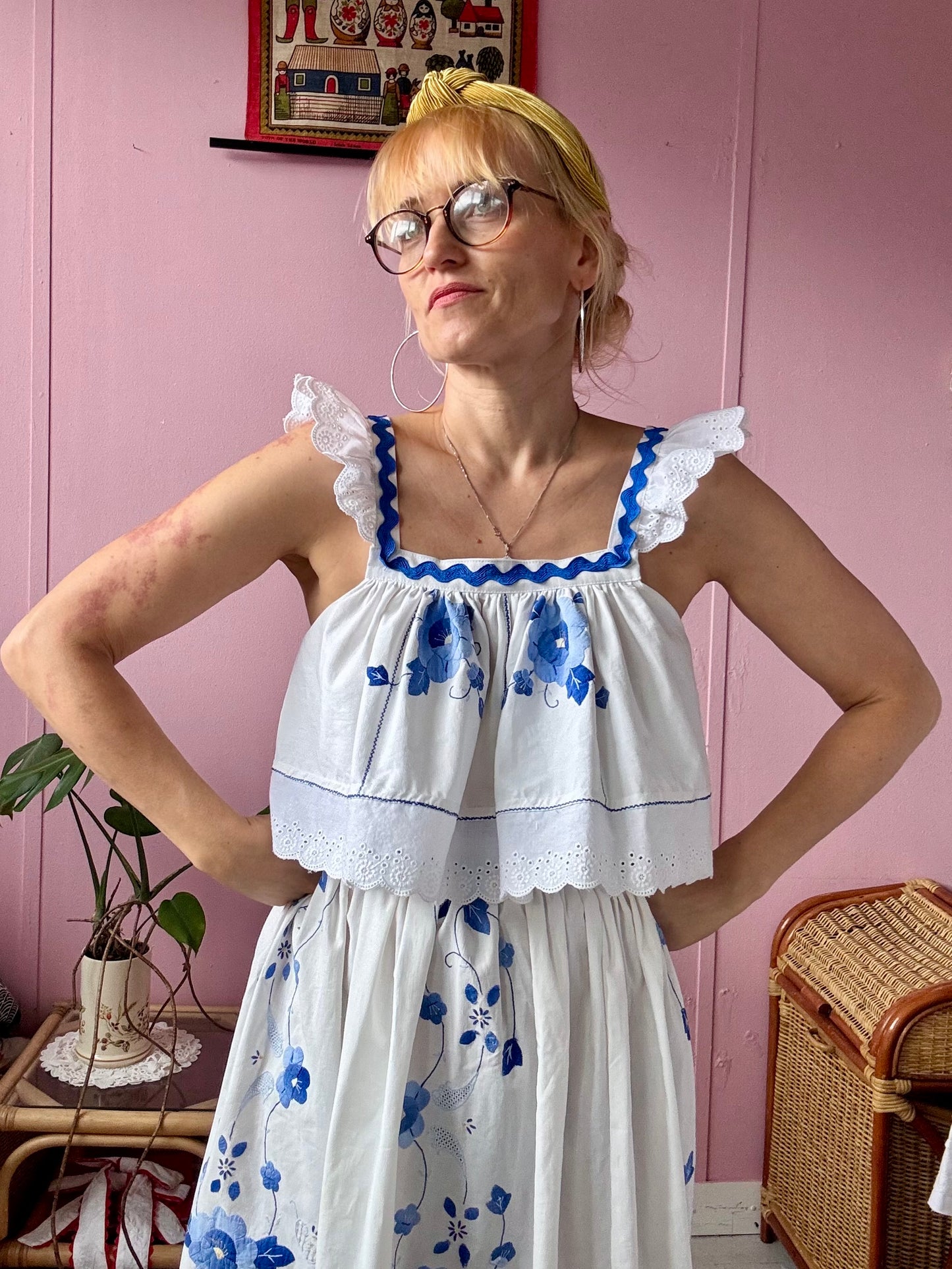 White/blue floral skirt set
