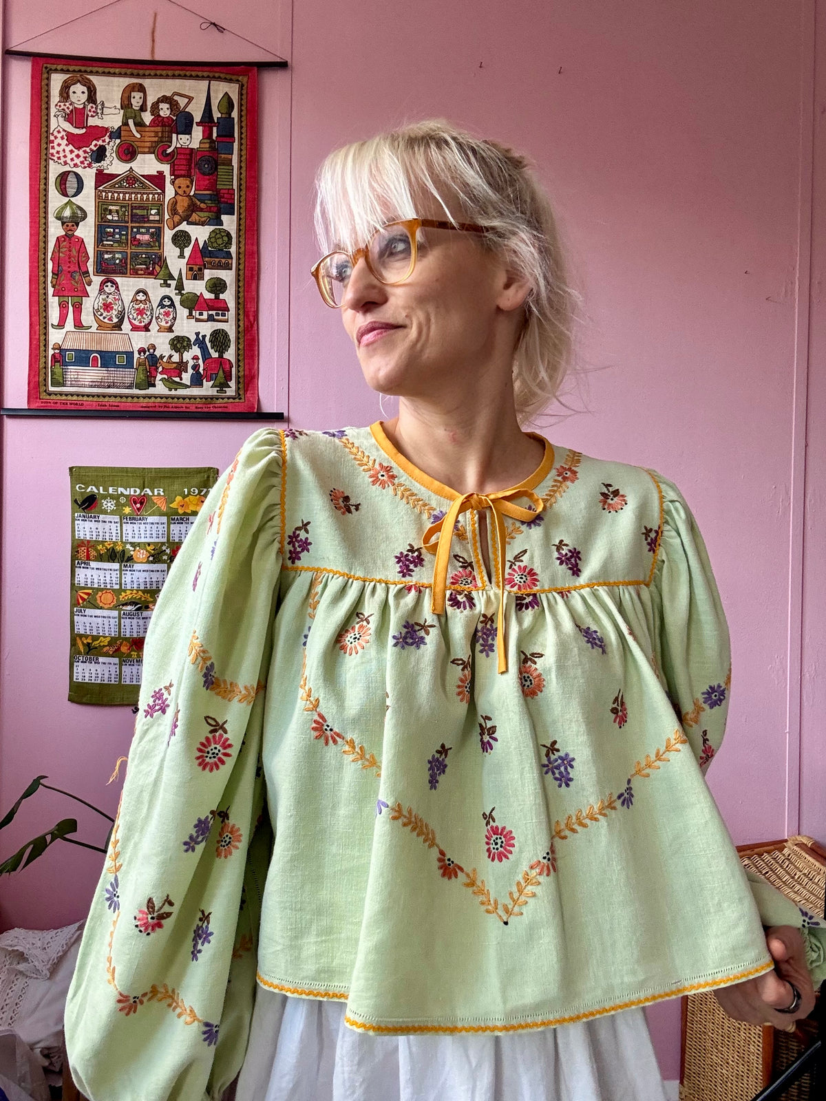 Green blouse with mustard yellow details