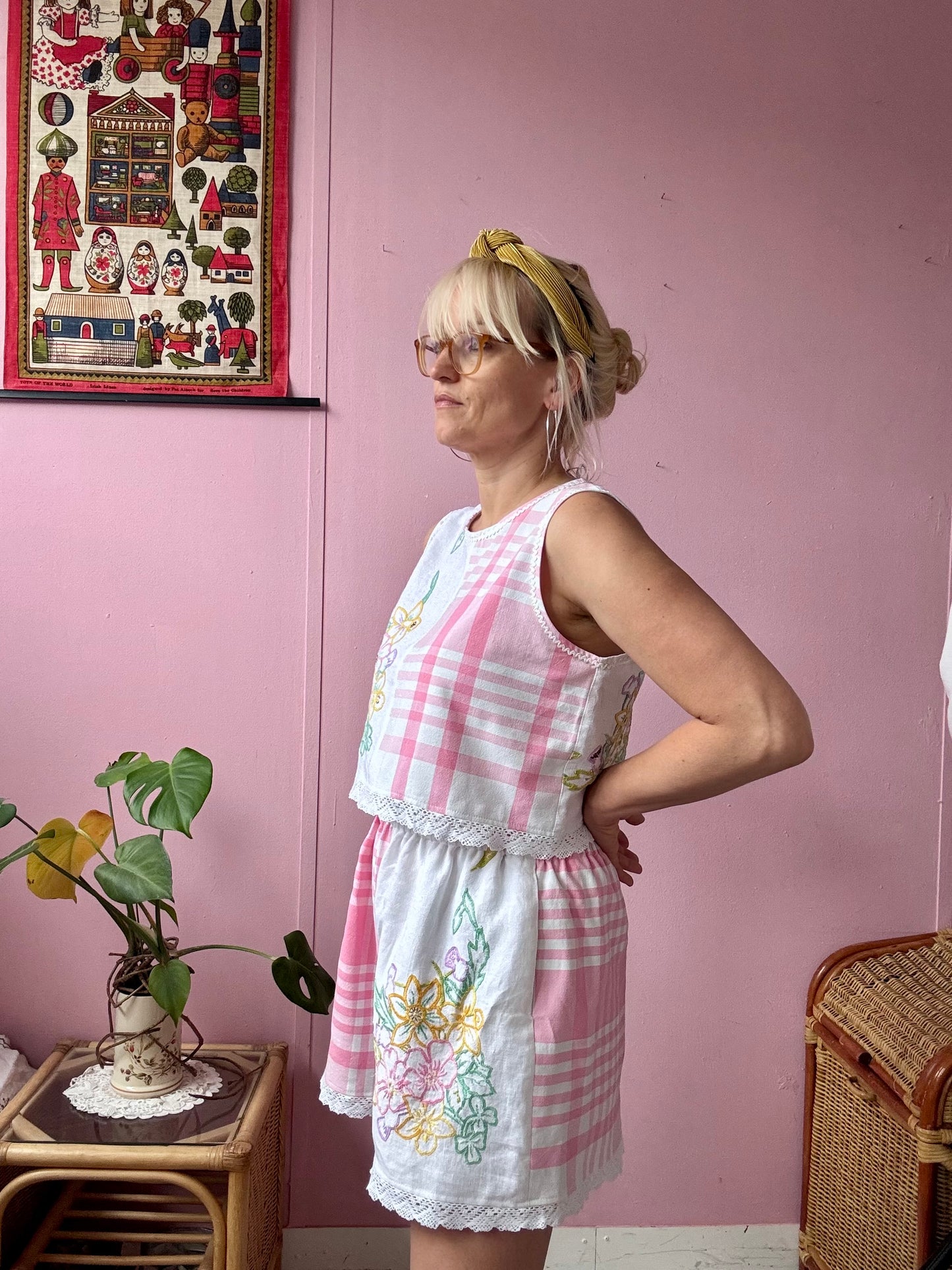 Pink check and floral shorts set