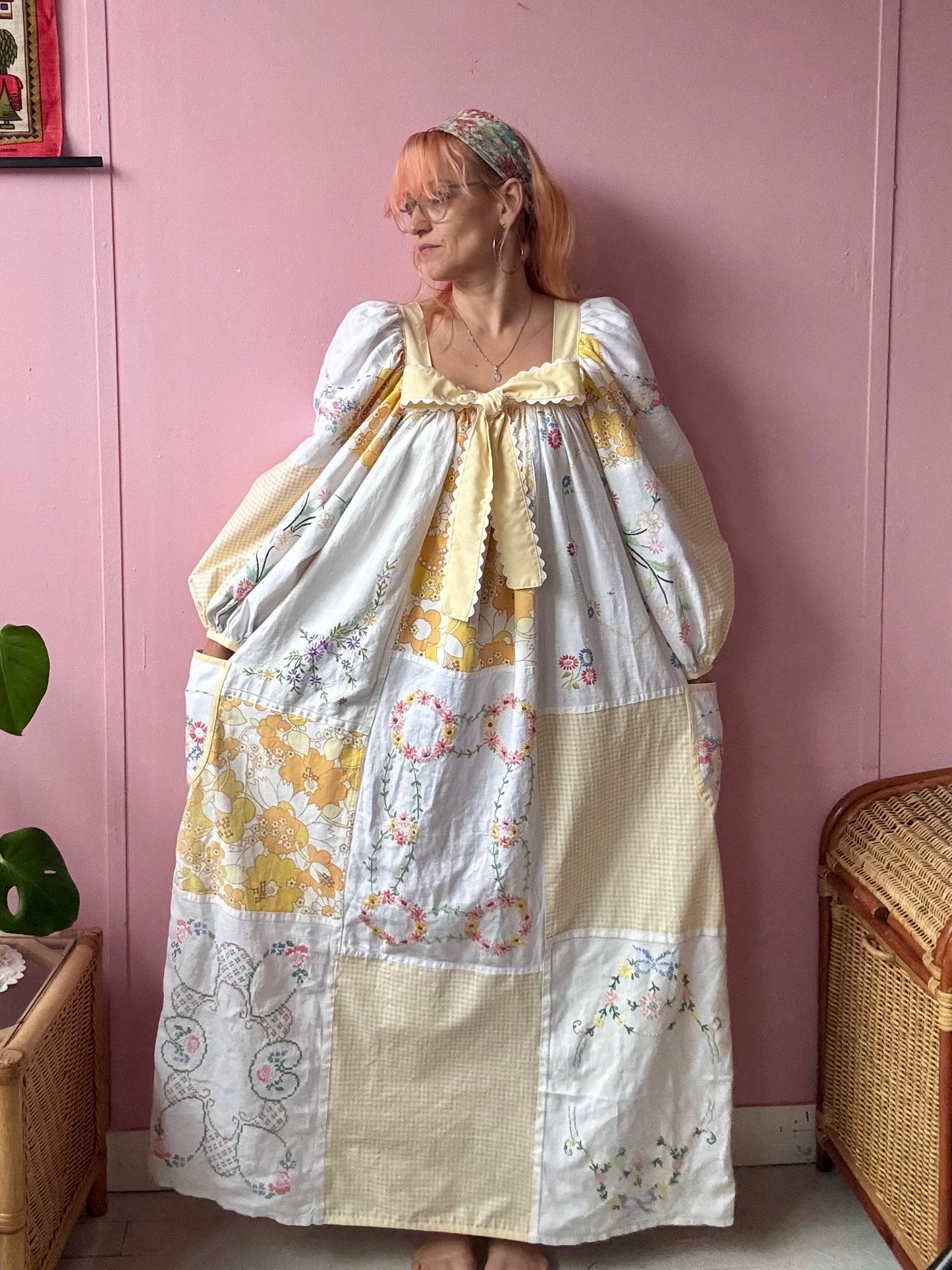 Yellow patchwork maxi dress with bow