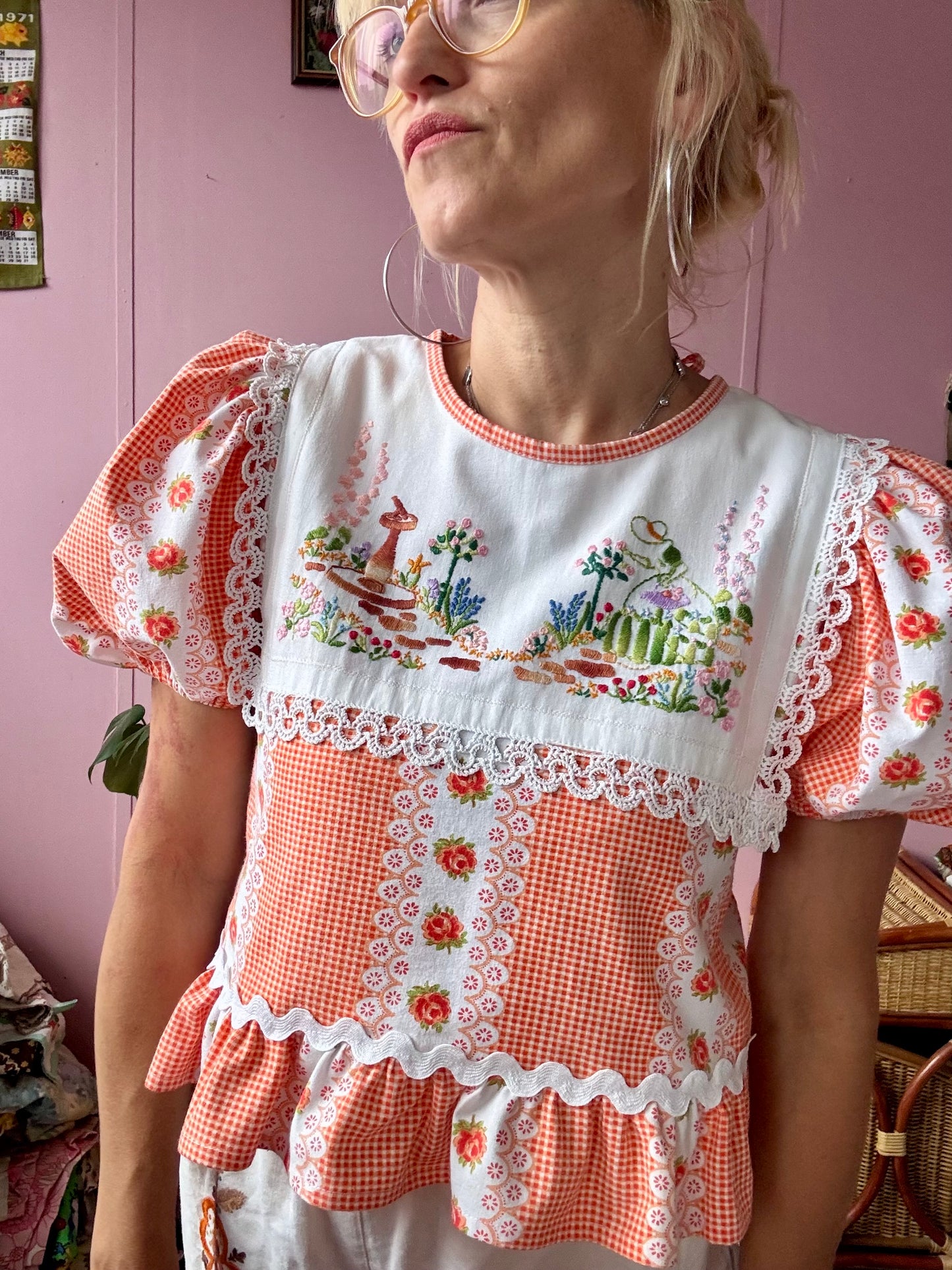 Orange gingham/floral blouse