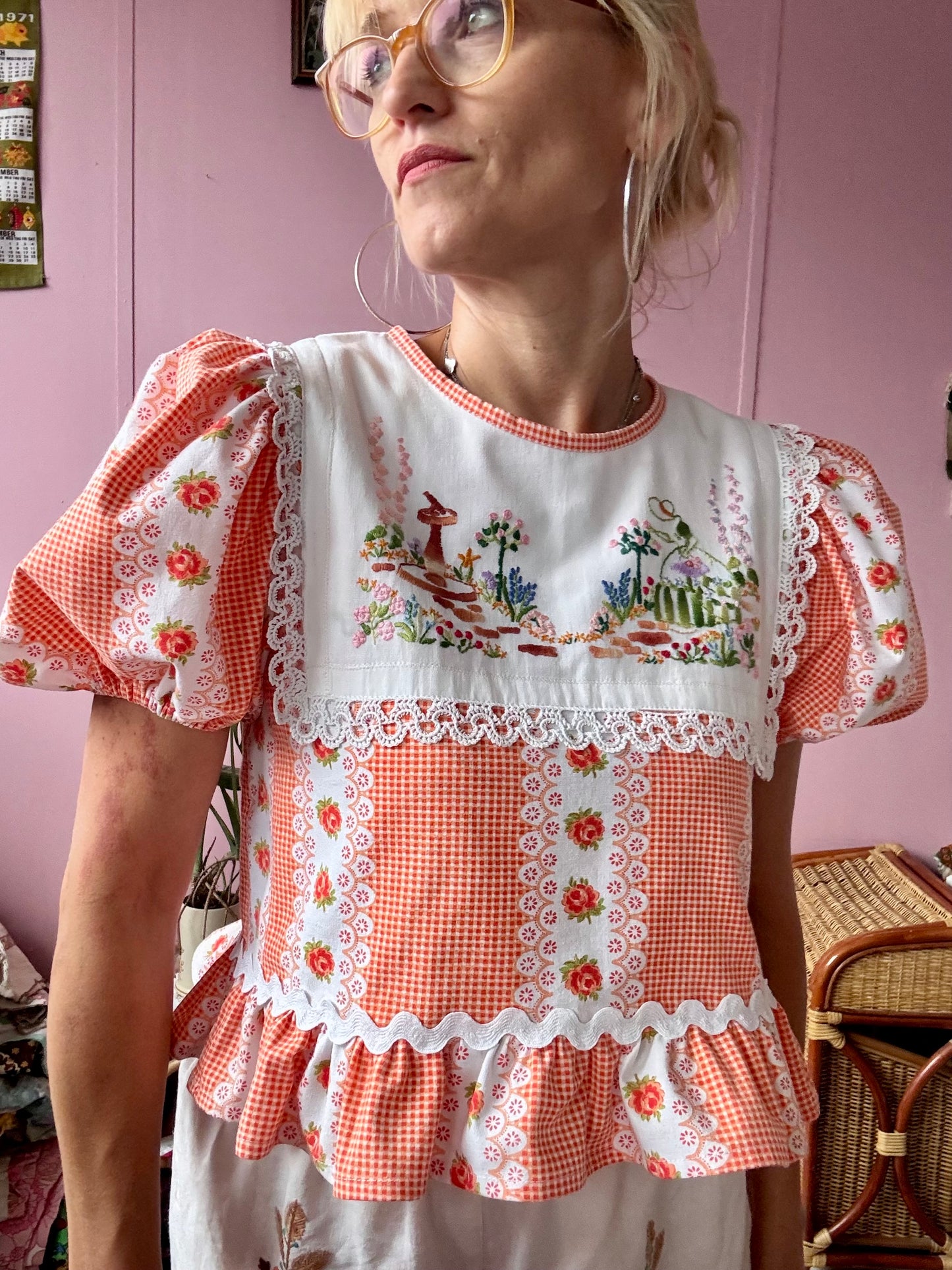 Orange gingham/floral blouse