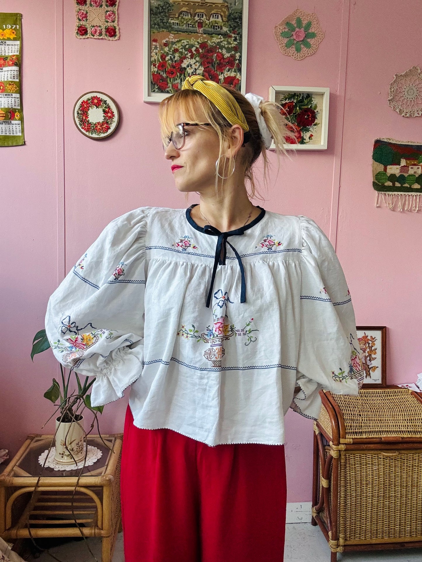 Linen blouse with cross stitching embroidery