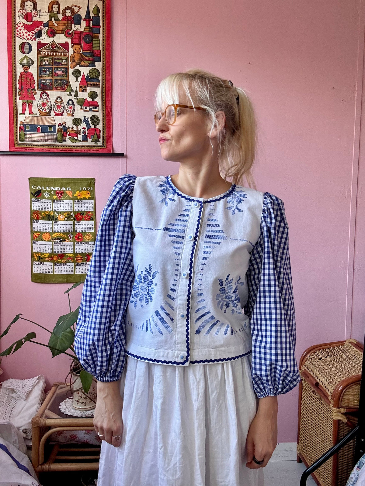 Blue embroidery and gingham blouse
