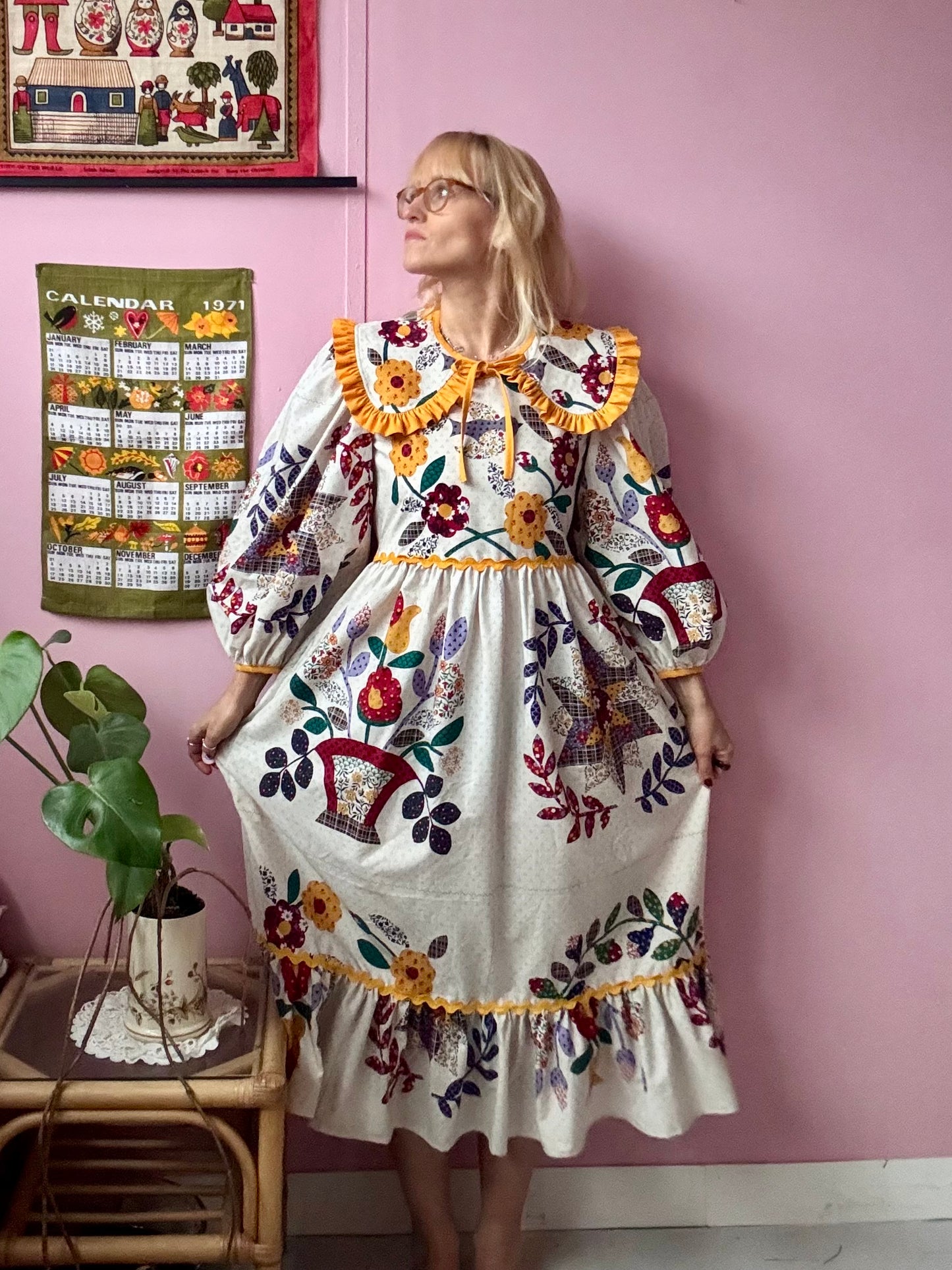 Floral dress with yellow ric rac and detachable collar