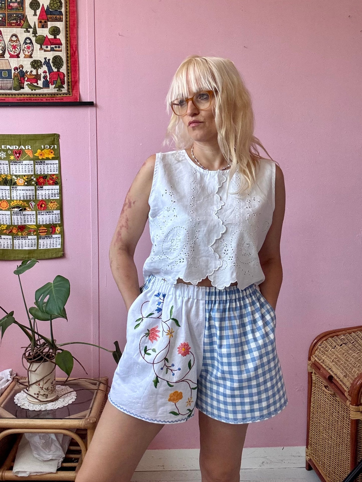 Blue gingham and floral shorts
