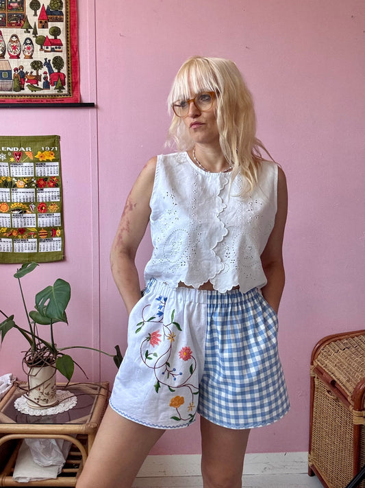 Blue gingham and floral shorts