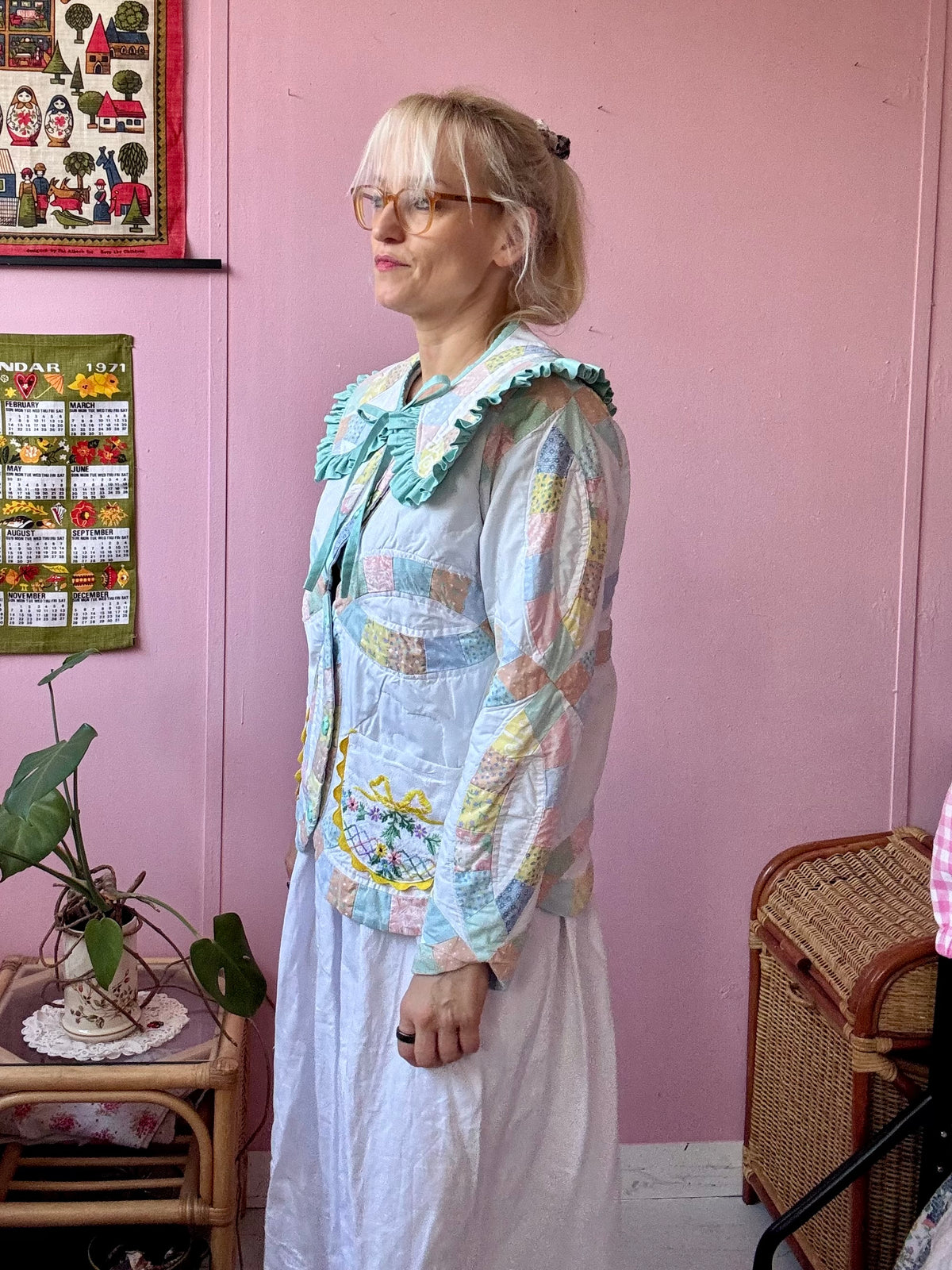 Green patchwork jacket with detachable collar