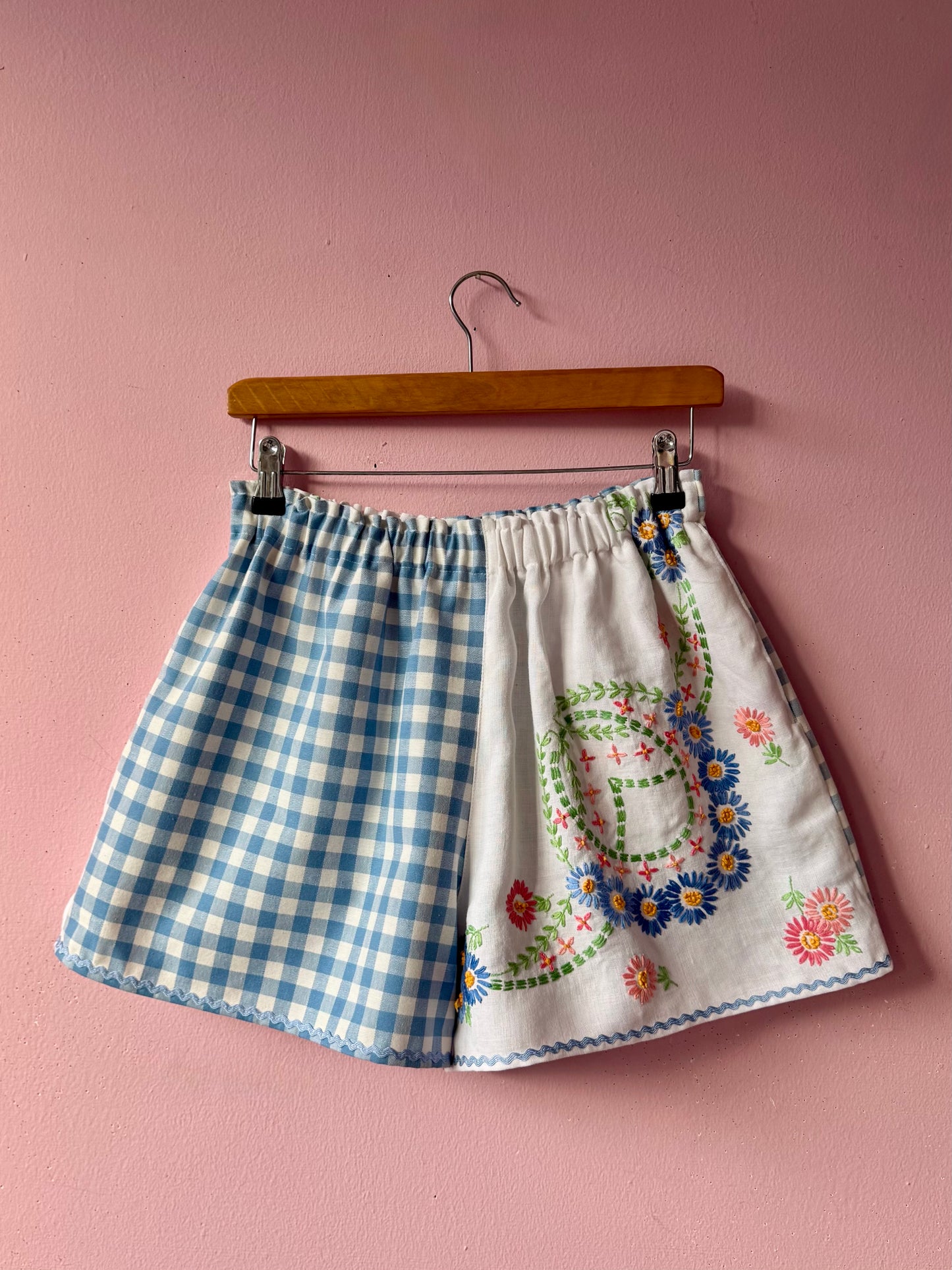Blue gingham and embroidery shorts