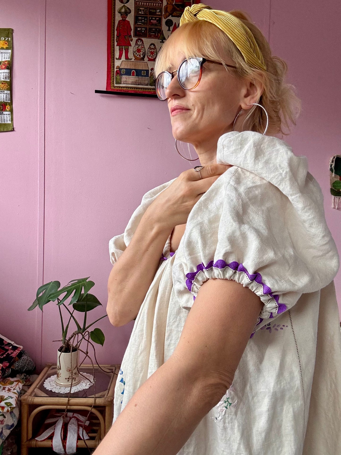 Cream linen maxi dress with purple flowers and ric rac
