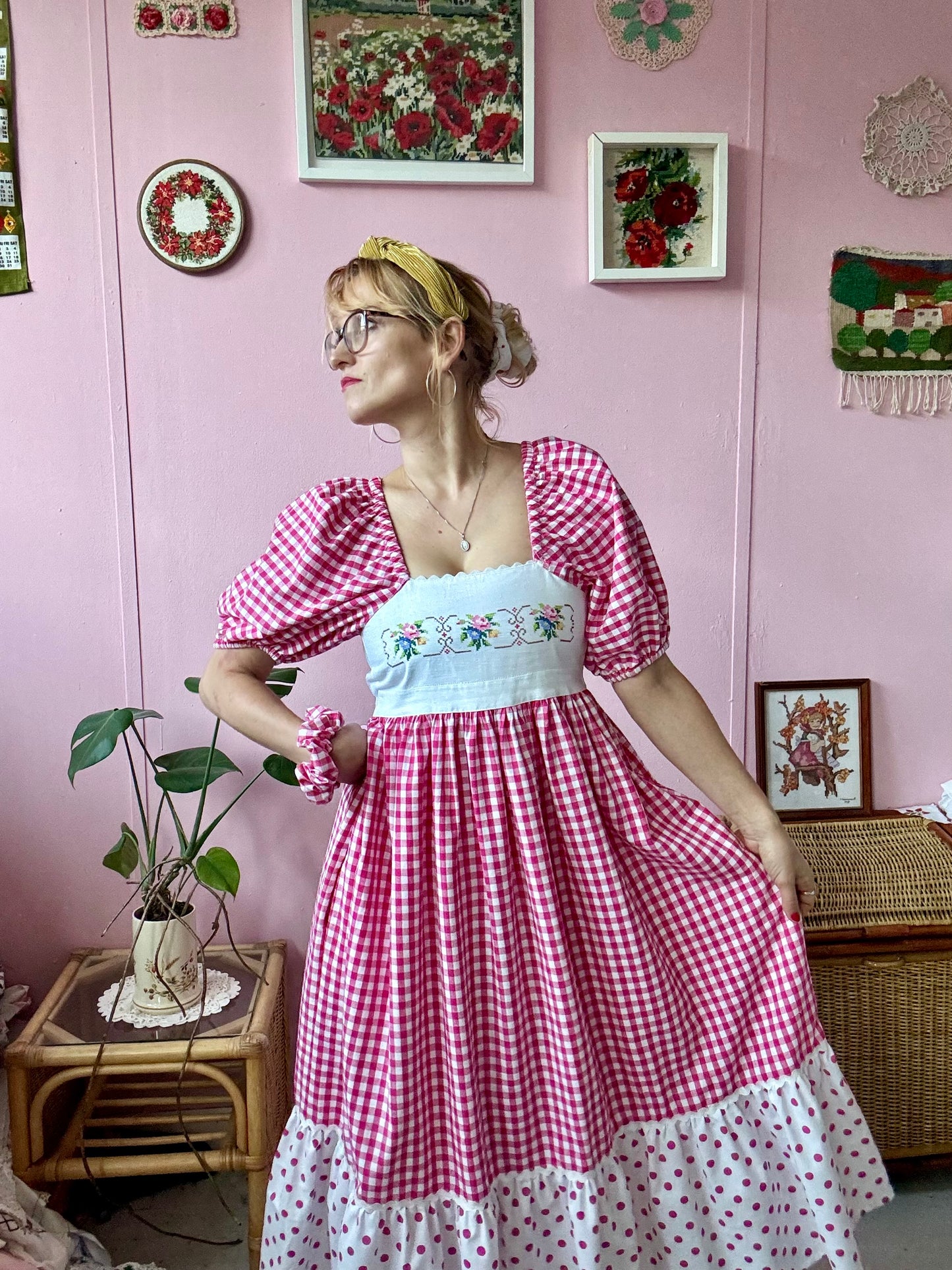 Pink gingham and embroidery dress