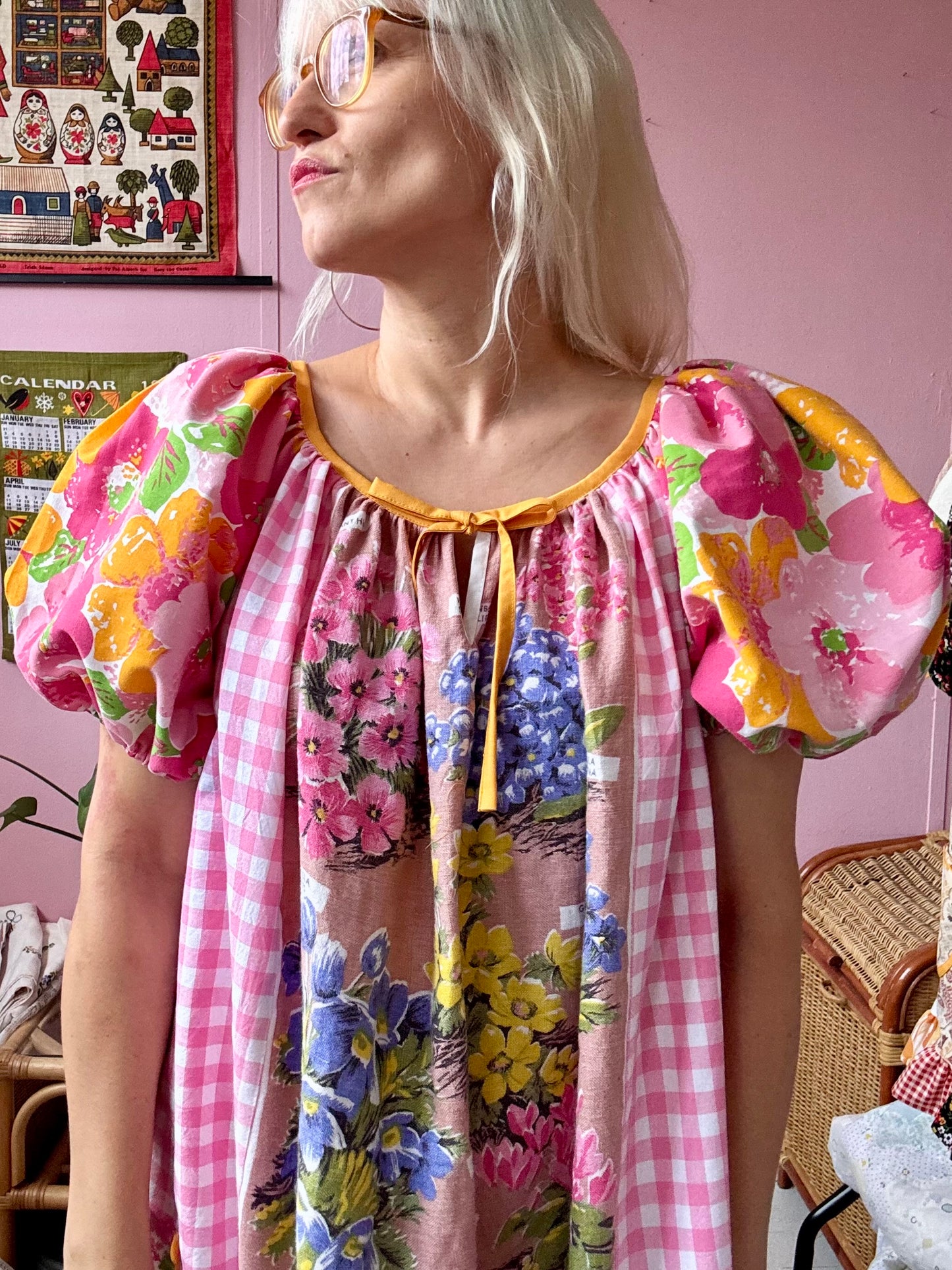 Alpine flowers teatowel and gingham dress
