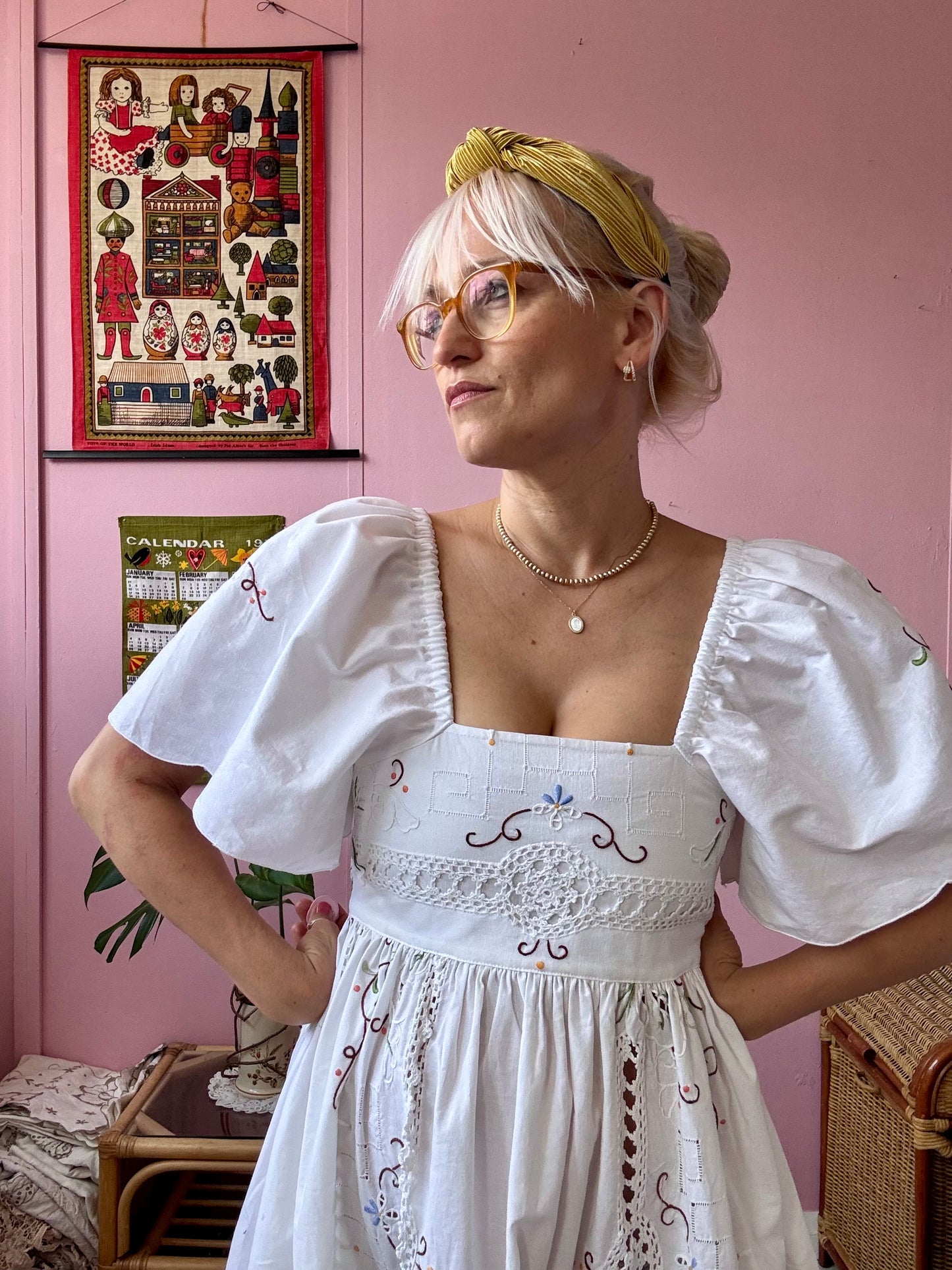 White maxi dress with embroidery and lace