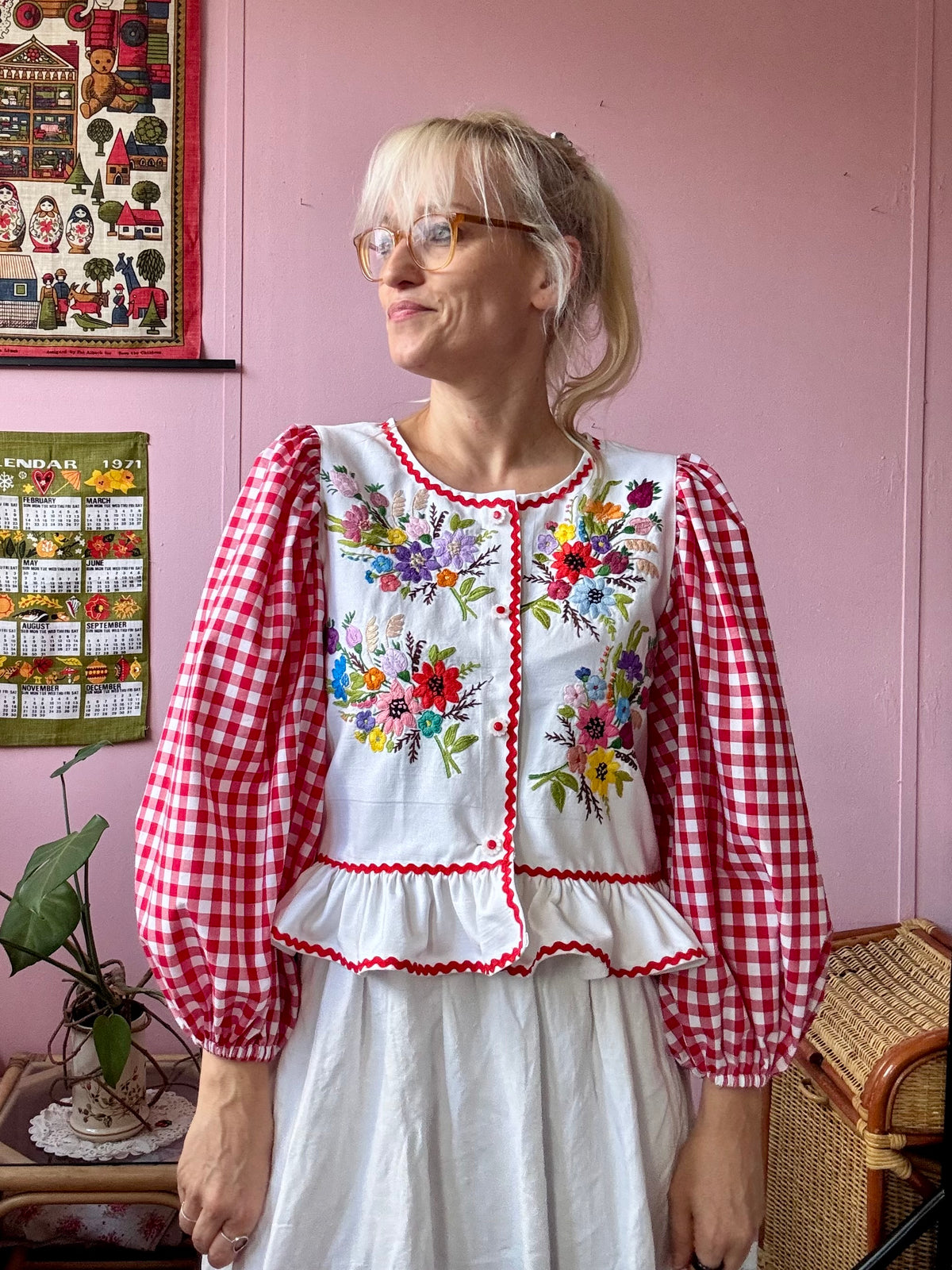 Floral and red gingham blouse