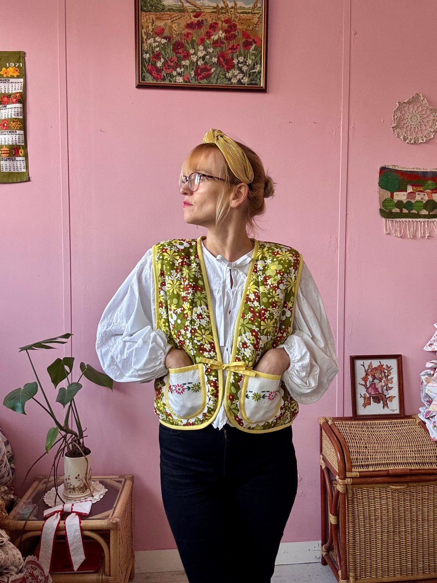 Green floral vest with pockets