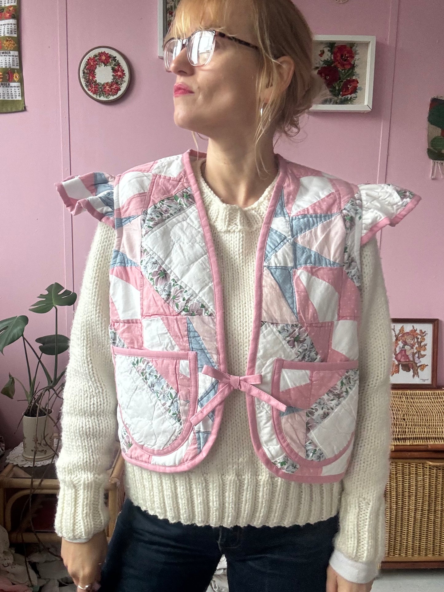 Pink/blue patchwork vest with sleeves