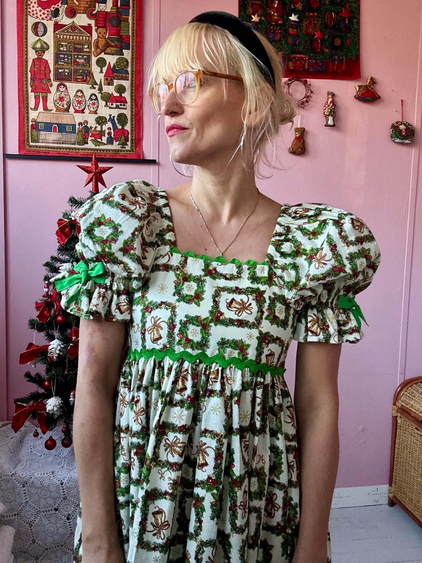 Christmas print midi dress with green ric rac and green bows