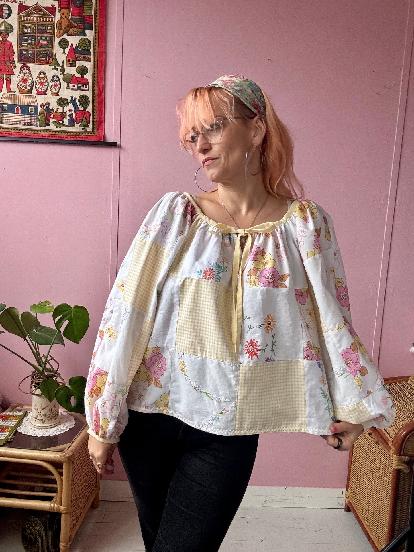 Yellow patchwork blouse with long sleeves