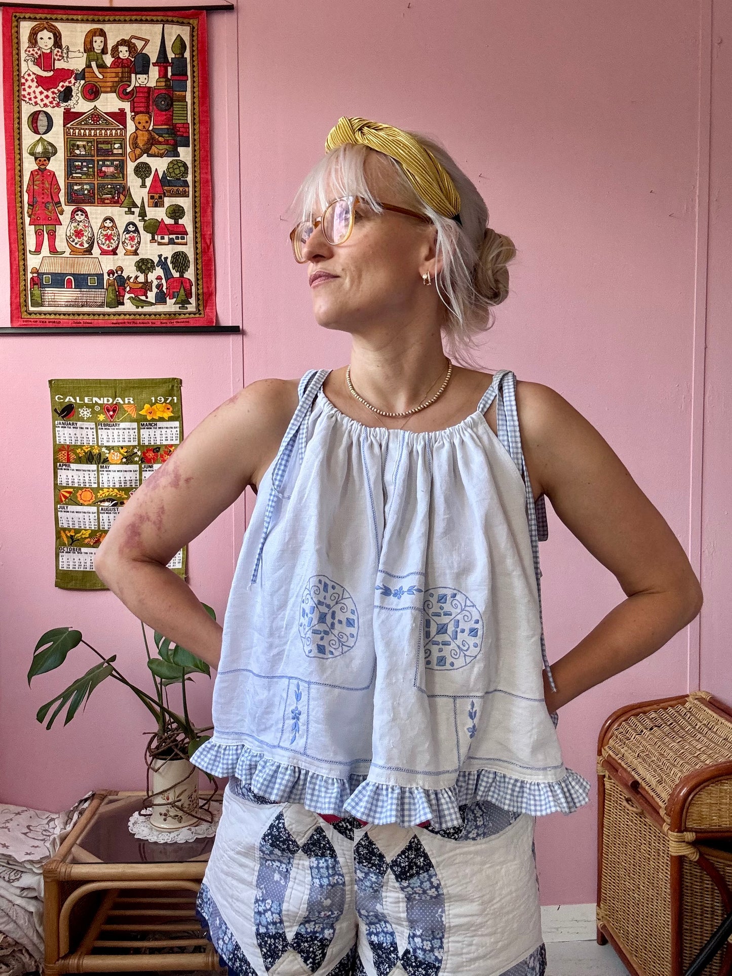 White linen top with blue gingham frill