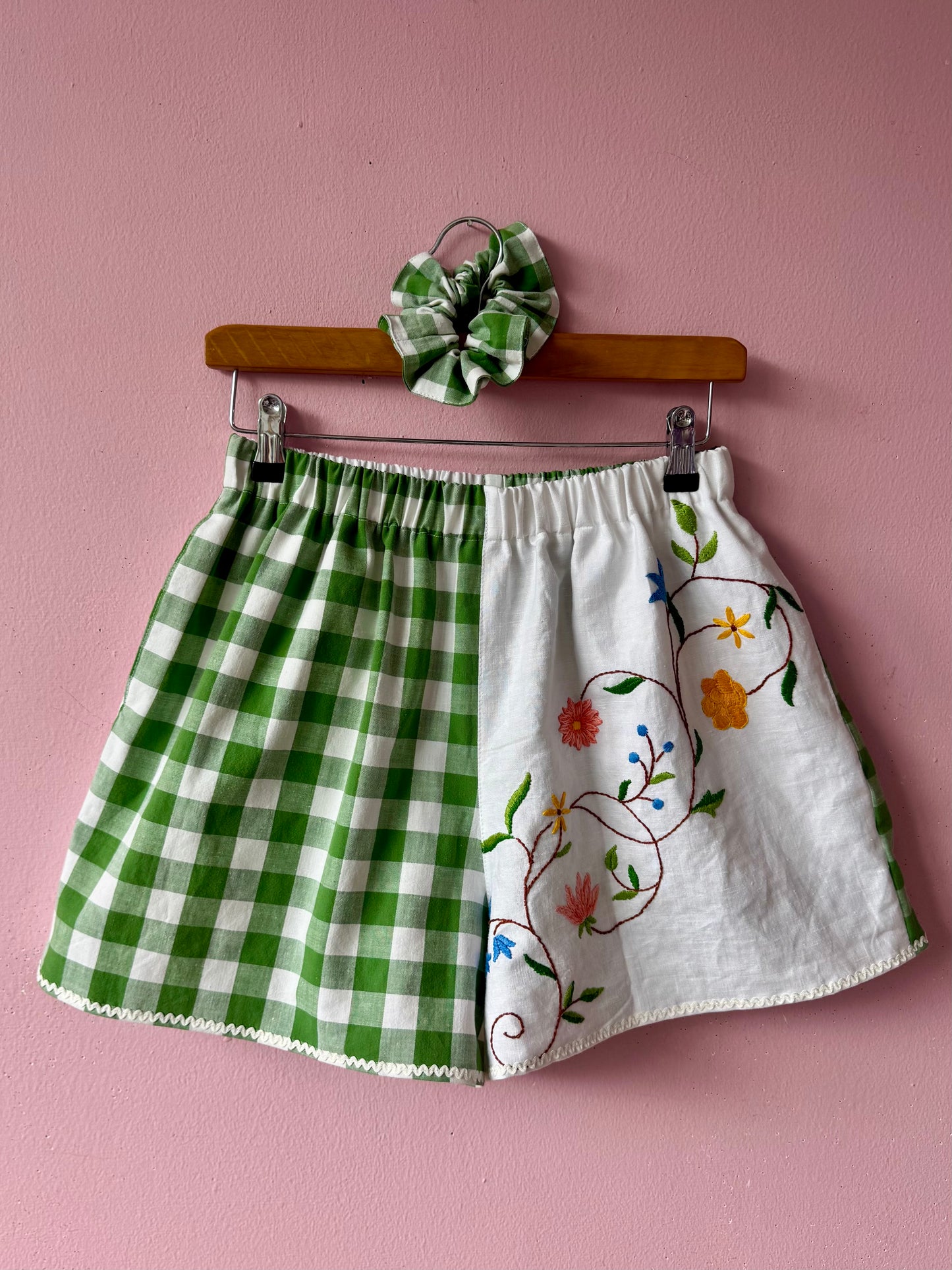 Green gingham and floral shorts