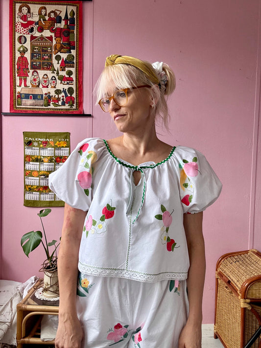 Fruity blouse with green ric rac