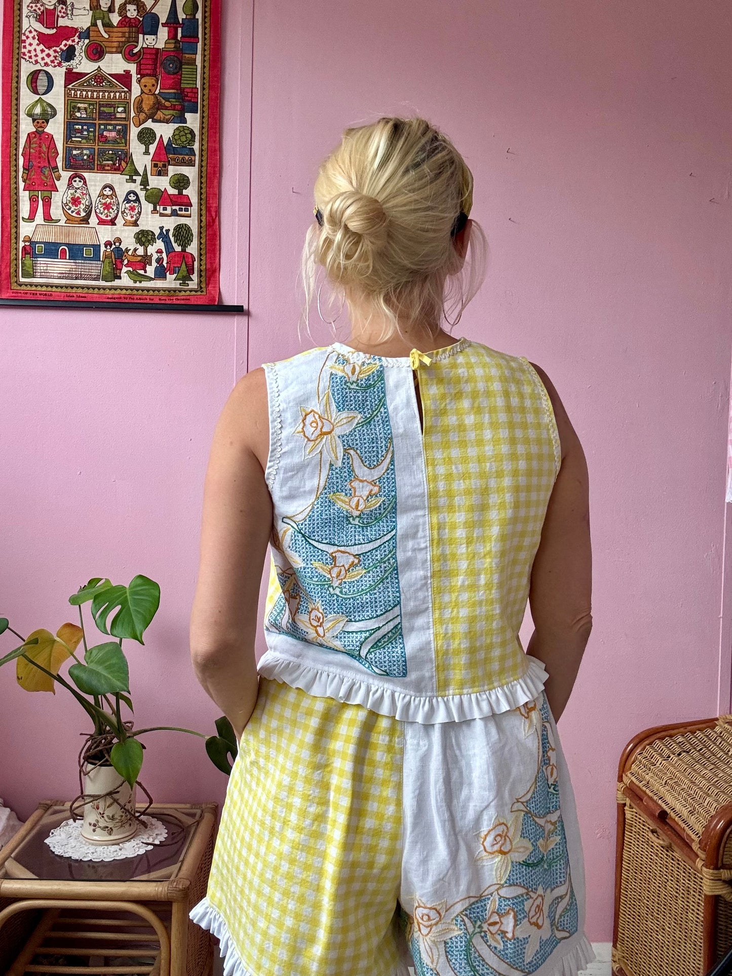 Yellow gingham and floral shorts set