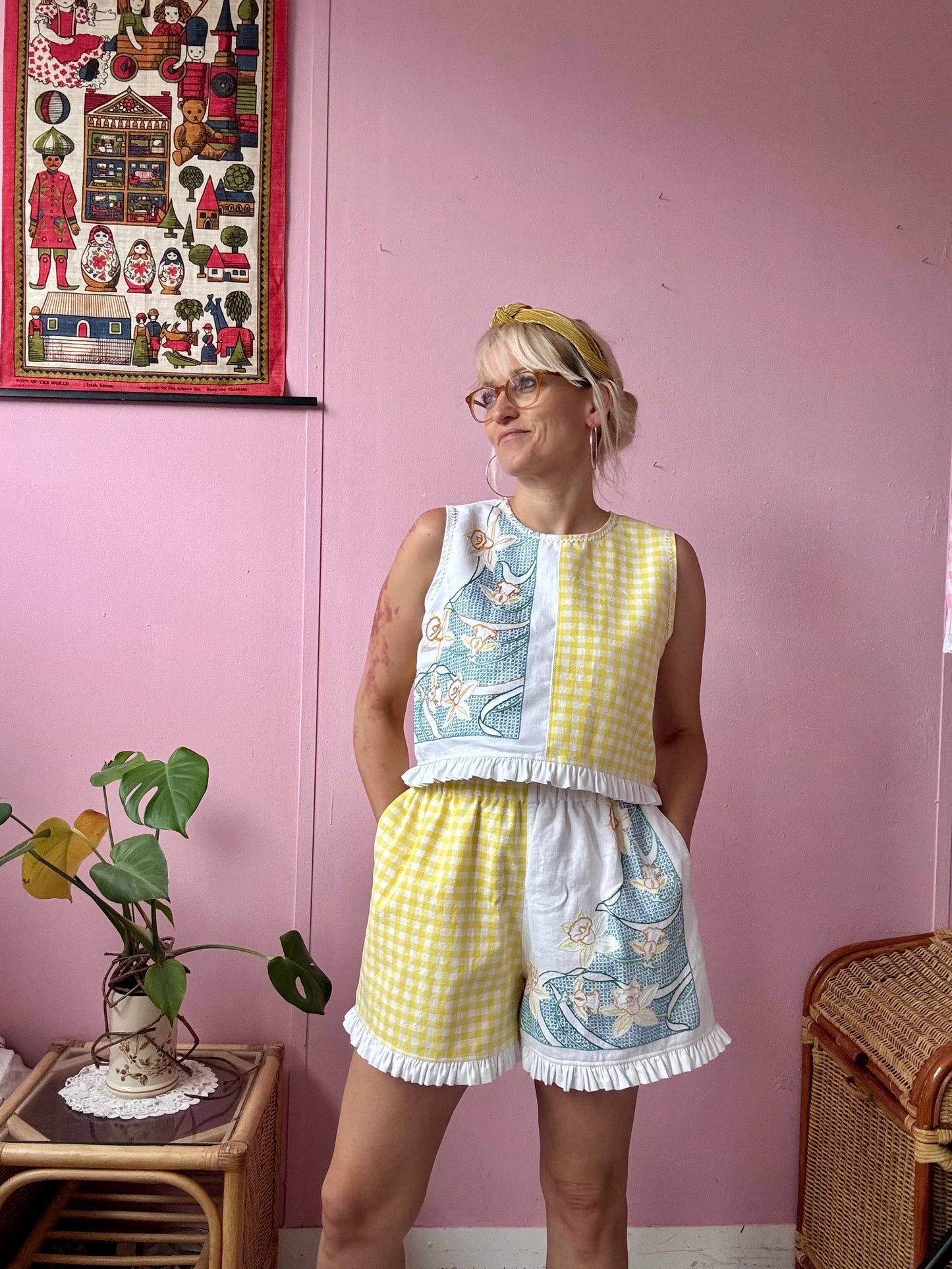 Yellow gingham and floral shorts set