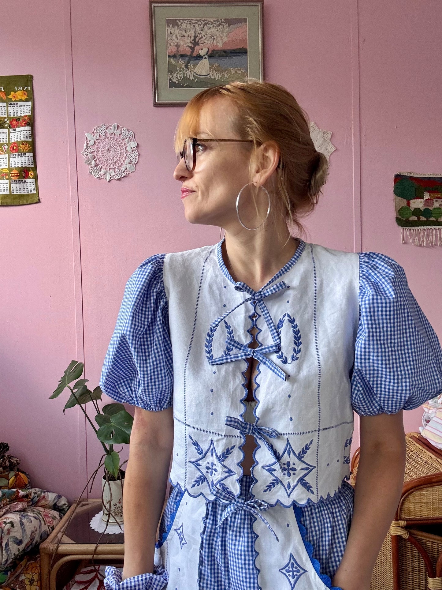 Embroidery and blue gingham shorts set