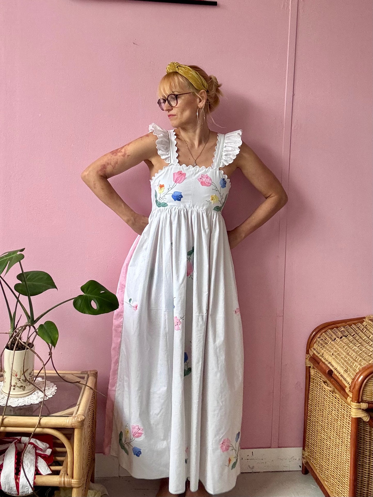 Floral maxi dress made from 2 vintage tablecloths
