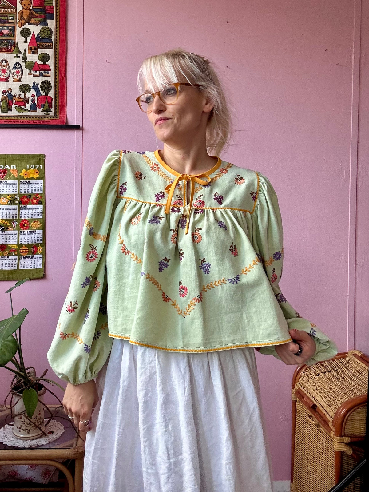 Green blouse with mustard yellow details